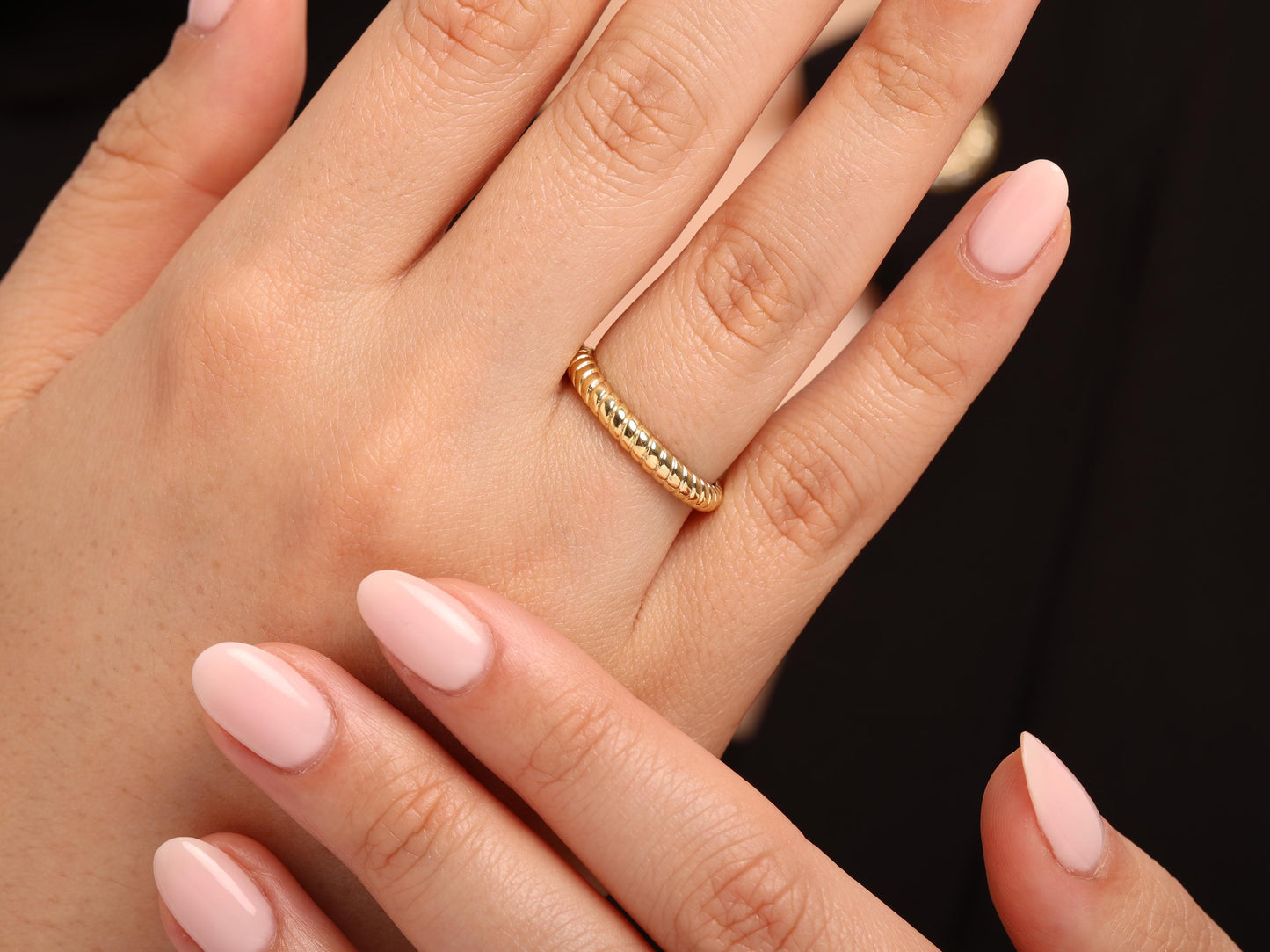 14K Solid Gold Twist Band Ring – Minimal Rope Style Stackable Ring, Slim Polished Band with Subtle Texture for Everyday Elegance