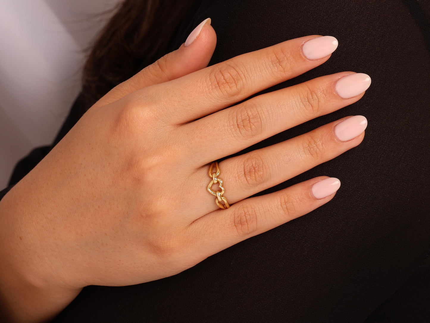 Real 14K Gold Heart Chain Ring – Dainty Linked Band for Women, Minimalist Dainty Chain Style Gold Band for Everyday or Anniversary Gift