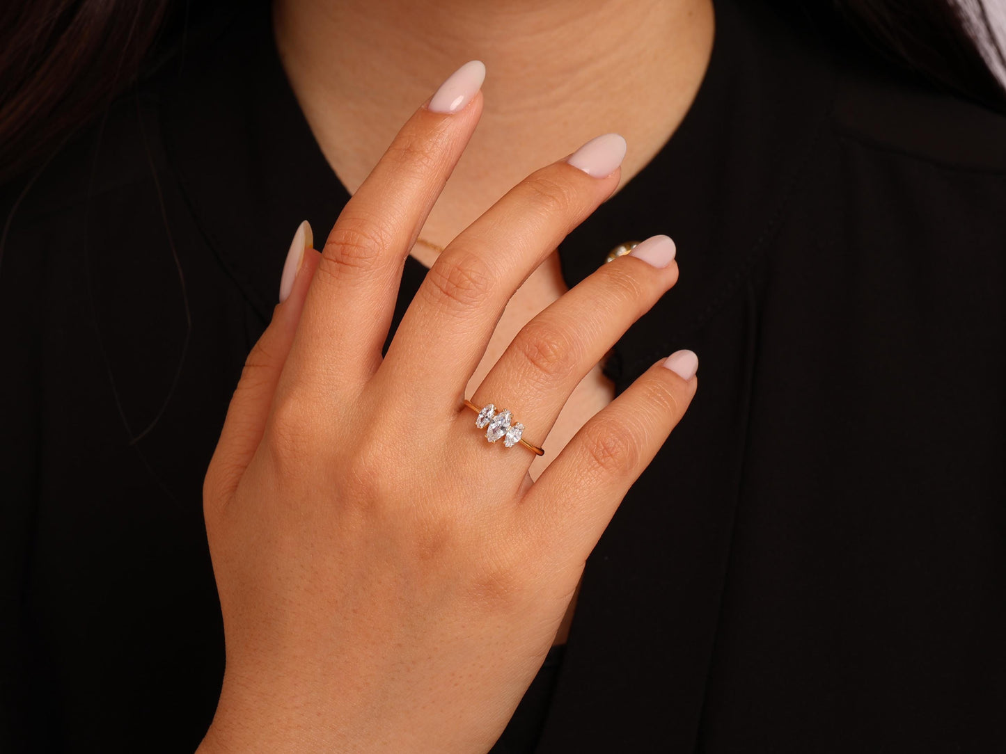 14K Gold Marquise Trio Ring – Minimal Three-Stone Solid Gold Band with 3 Lab-Grown Diamonds, Elegant Handmade Statement Design, Gift for Her