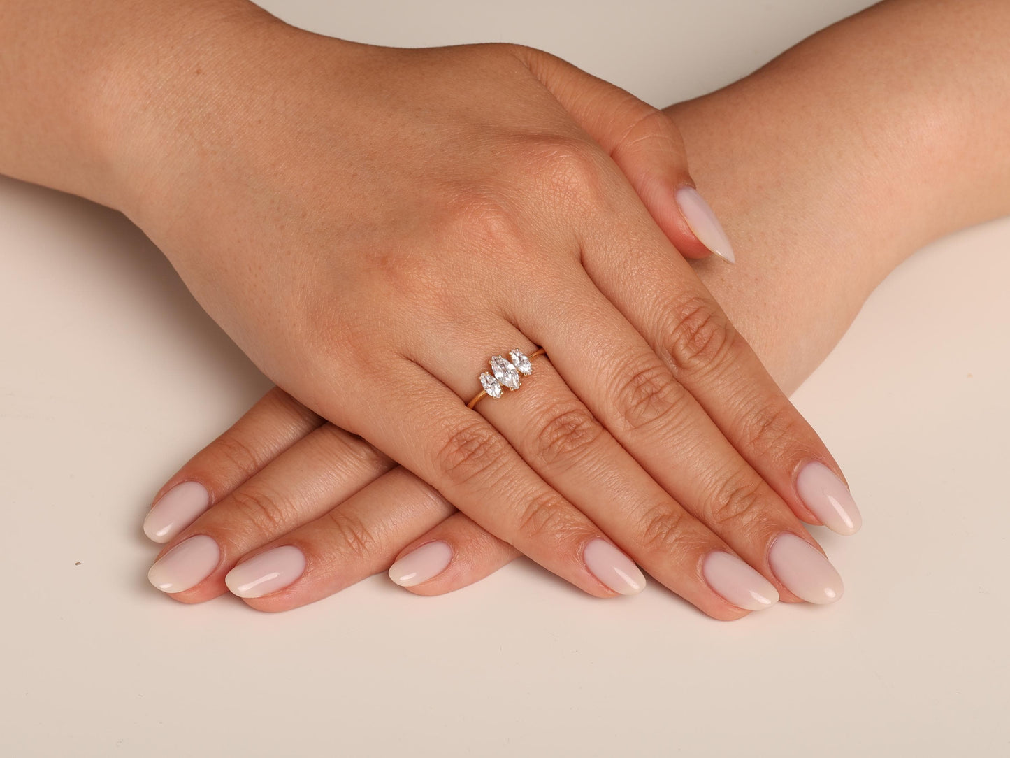 14K Gold Marquise Trio Ring – Minimal Three-Stone Solid Gold Band with 3 Lab-Grown Diamonds, Elegant Handmade Statement Design, Gift for Her