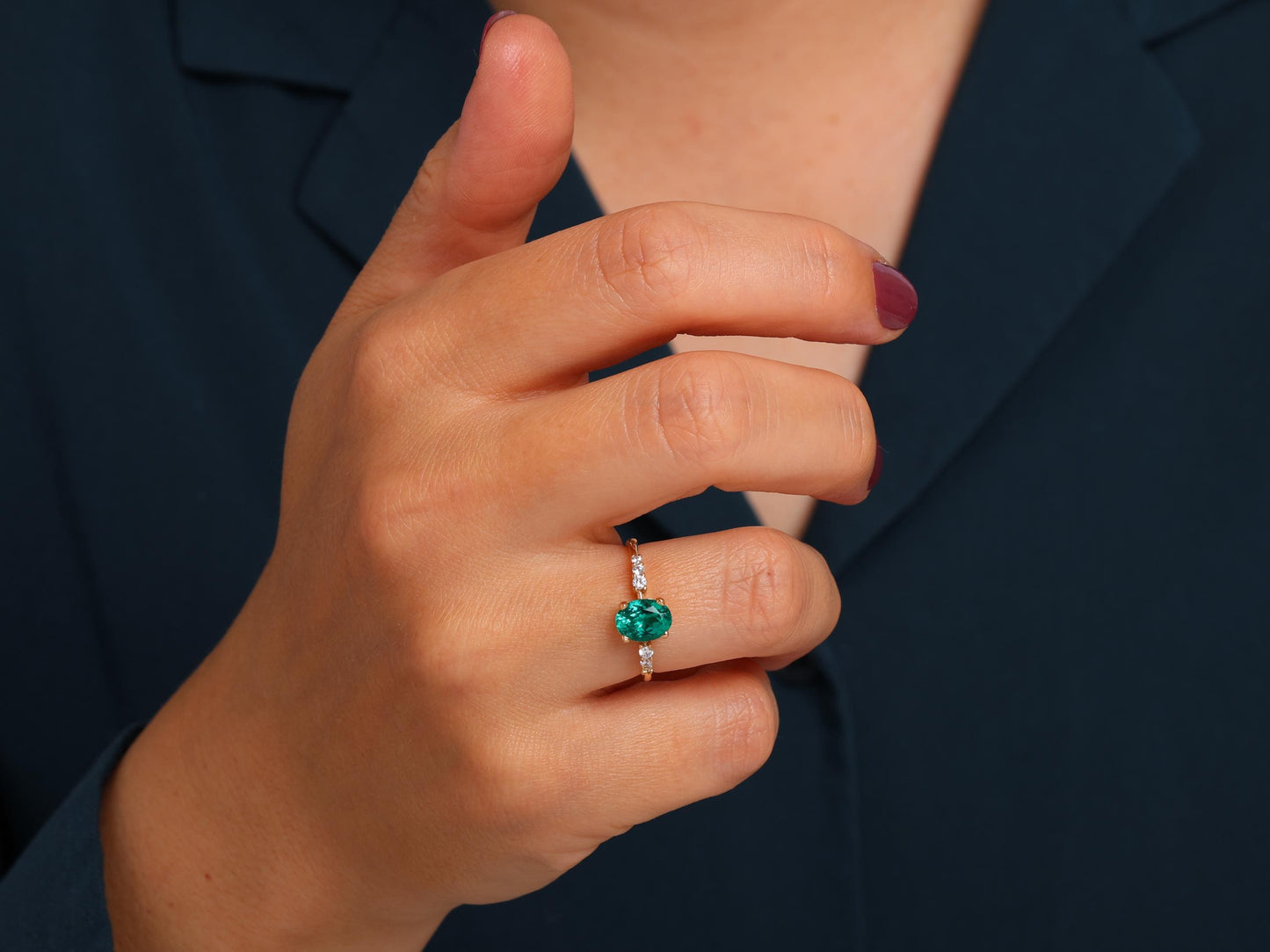 Oval Emerald Ring with Diamond Accents – 14K Yellow, White or Rose – Dainty Engagement or Stacking Gift for Her – Ruby, Sapphire, Amethyst