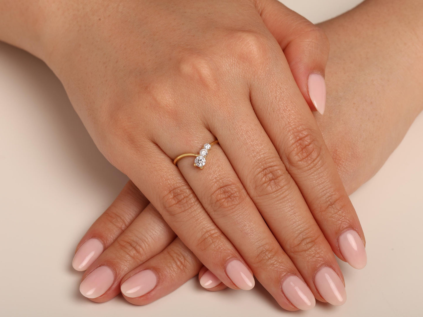 14K Gold Three Stone Diamond Ring – Dainty Solid Gold Band with Round Lab Grown Diamonds, Minimalist Stacking Ring for Women