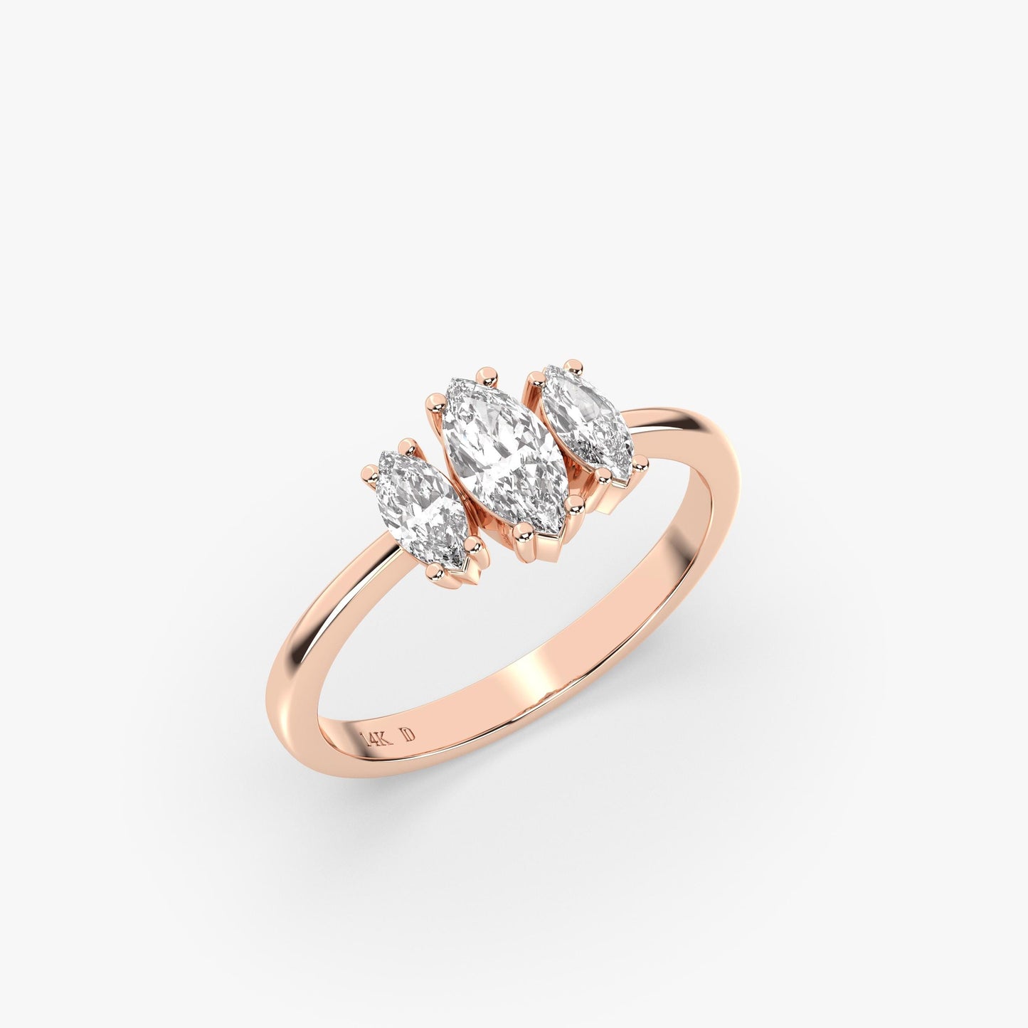 14K Gold Marquise Trio Ring – Minimal Three-Stone Solid Gold Band with 3 Lab-Grown Diamonds, Elegant Handmade Statement Design, Gift for Her