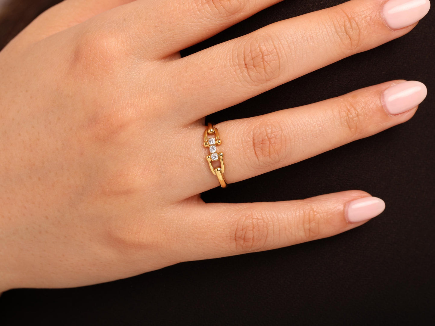 14K Gold Paperclip Ring with Lab Diamonds – Dainty Chain Link Band, Minimalist Stacking Gold Ring, Real Solid Gold Gift for Her