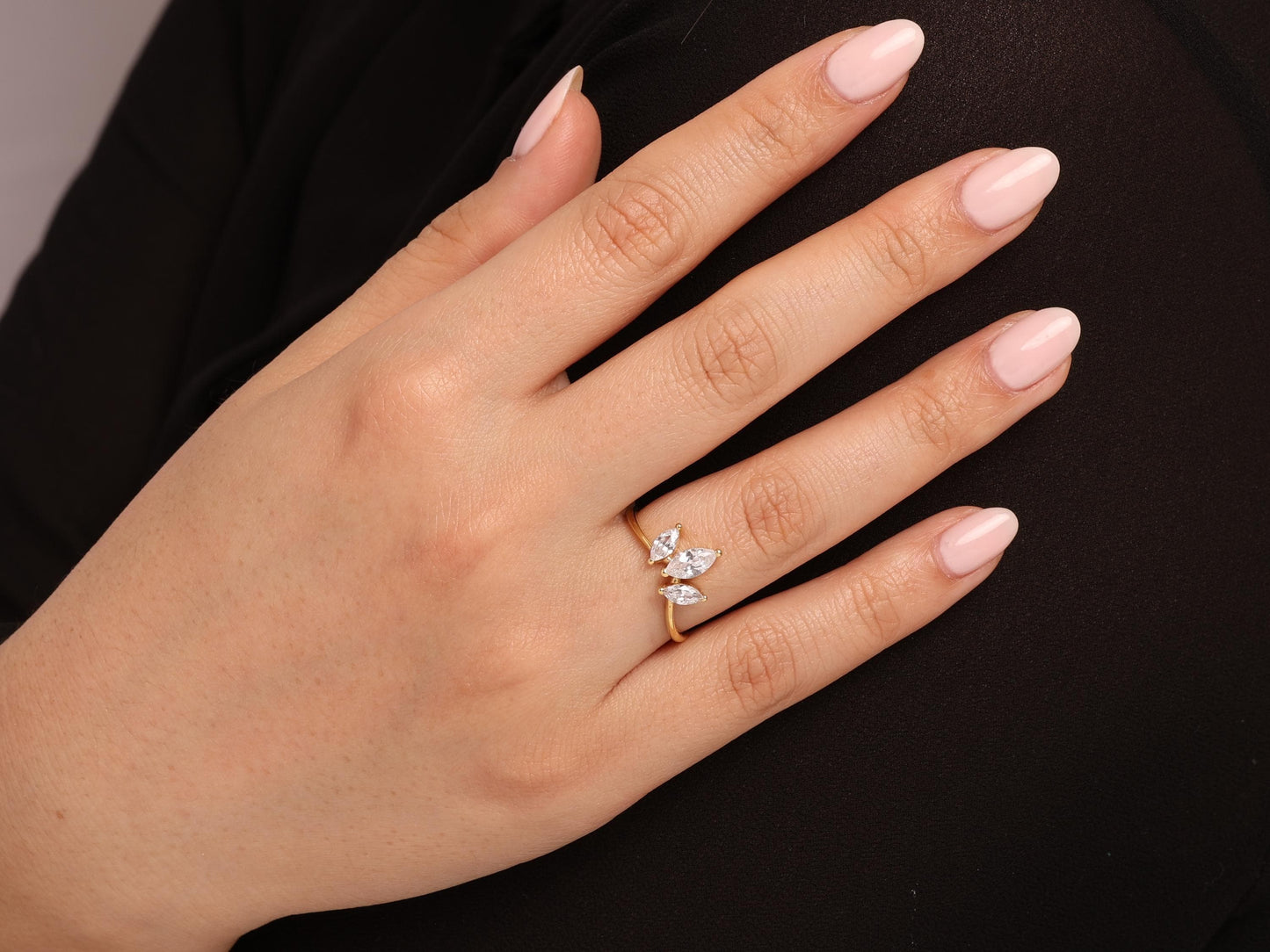 Triple Marquise Diamond Ring in 14K Gold – Lab Grown V-Shape Chevron Ring, Stacking Engagement Band, Minimalist Solid Gold Gift for Her