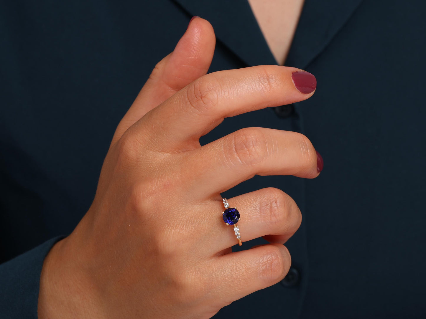 Round Sapphire Engagement Ring – 14K Gold Band with Diamond Accents – Dainty Wedding Gift, Promise or Stacking Ring for Her