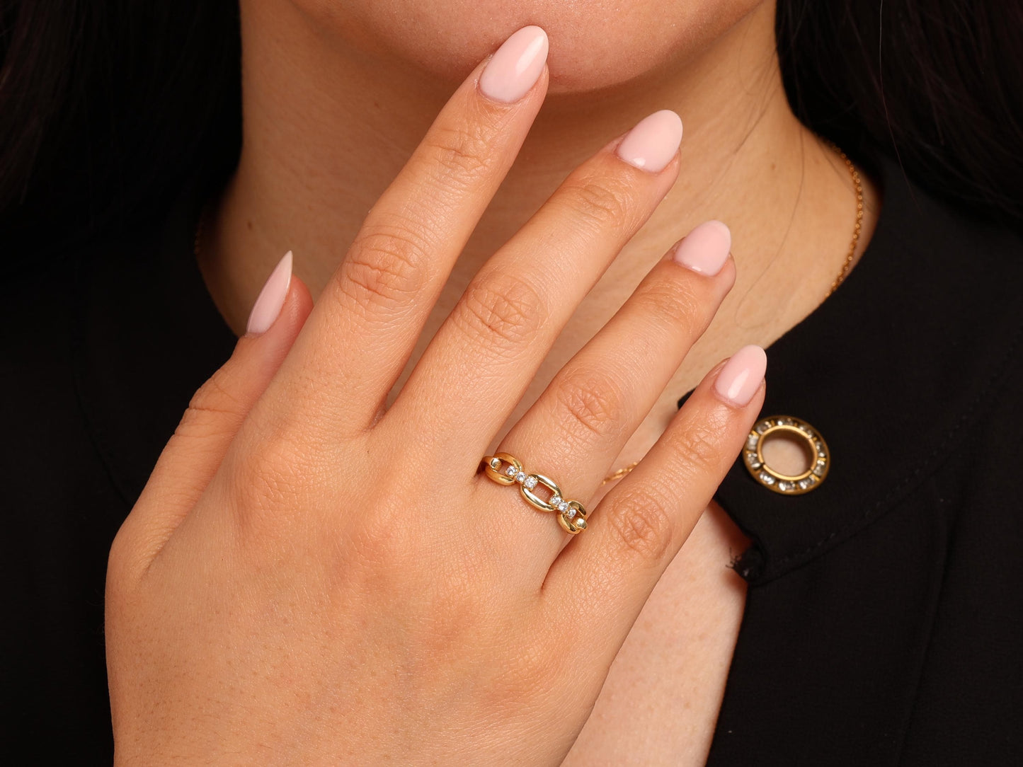 14K Solid Gold Chain Link Ring with Lab Diamonds – Minimalist Paperclip Style, Stacking Dainty Gold Ring, Elegant Gift for Women