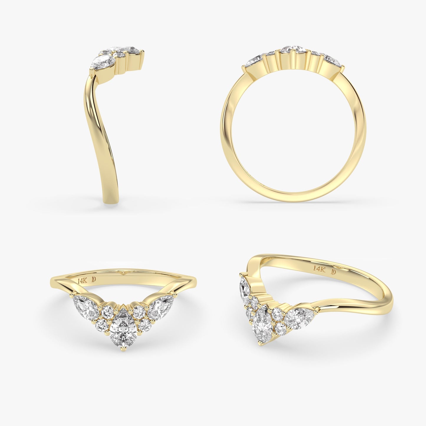 14K Gold Chevron Diamond Ring – Lab Grown Pear and Round Diamond Cluster Band, V Shape Wedding Ring, Dainty Stacking Fine Jewelry for Women