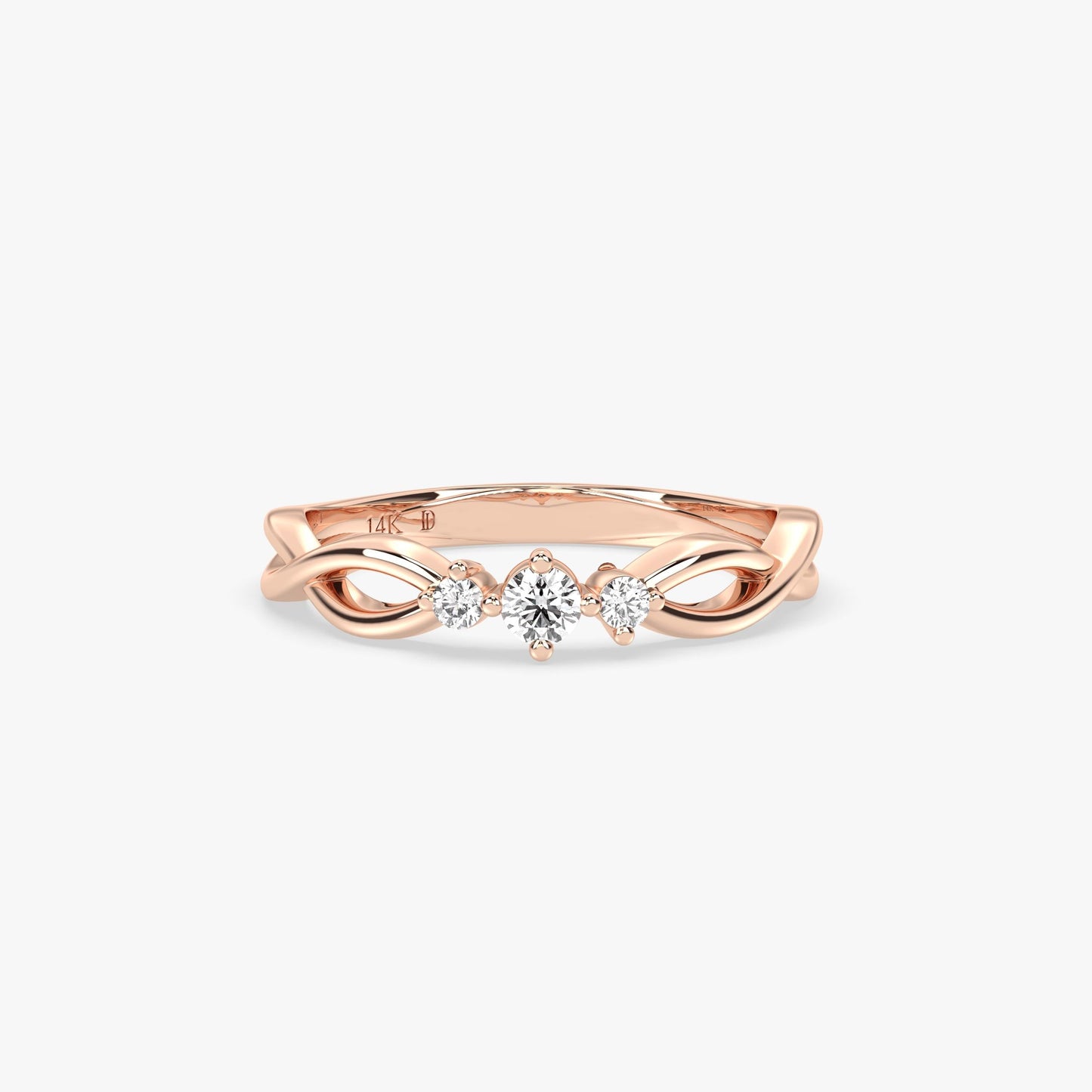 14K Gold Three-Stone Twist Ring – Lab Grown Round Diamond Band with Curved Design, Dainty Stacking or Promise Ring, Gold Jewelry for Her