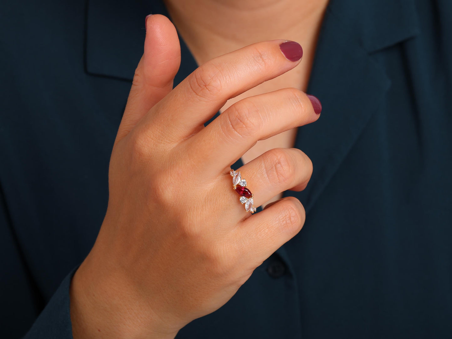 14K Gold Marquise Ruby Ring – Lab-Grown Gemstone with Diamond Accents – Dainty Stacking or Promise Ring – Emerald, Sapphire, Amethyst