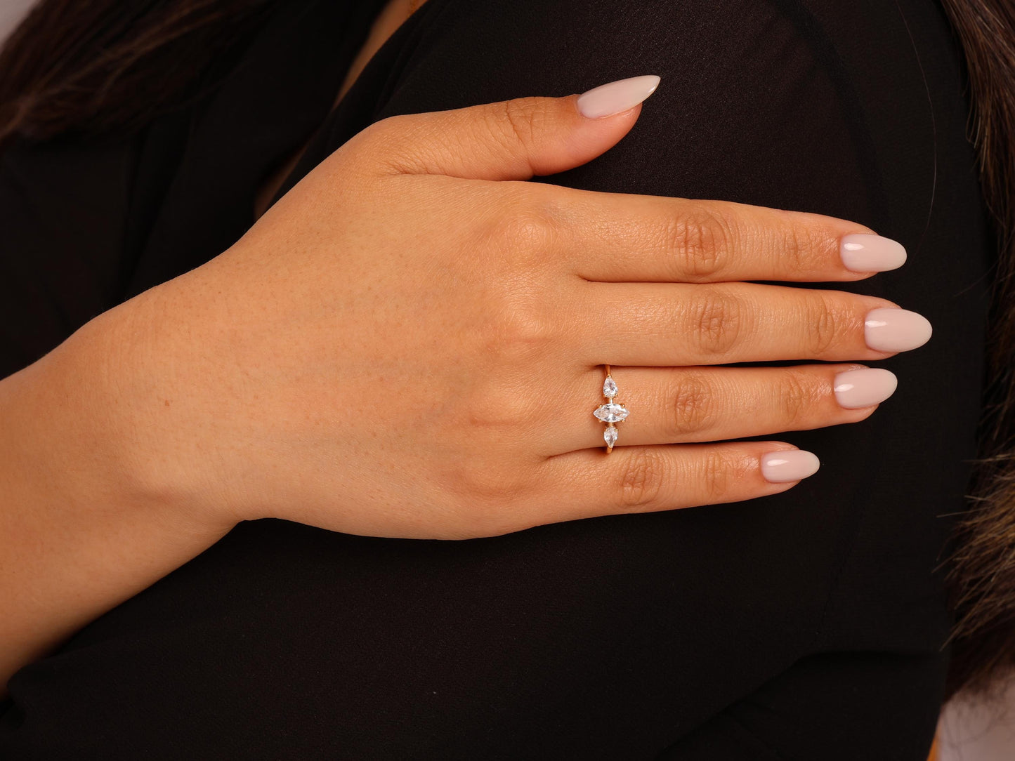 Marquise Diamond Ring in 14K Gold – Lab Grown Marquise Center with Pear Side Stones, Elegant Three-Stone Engagement Ring, Gift for Her
