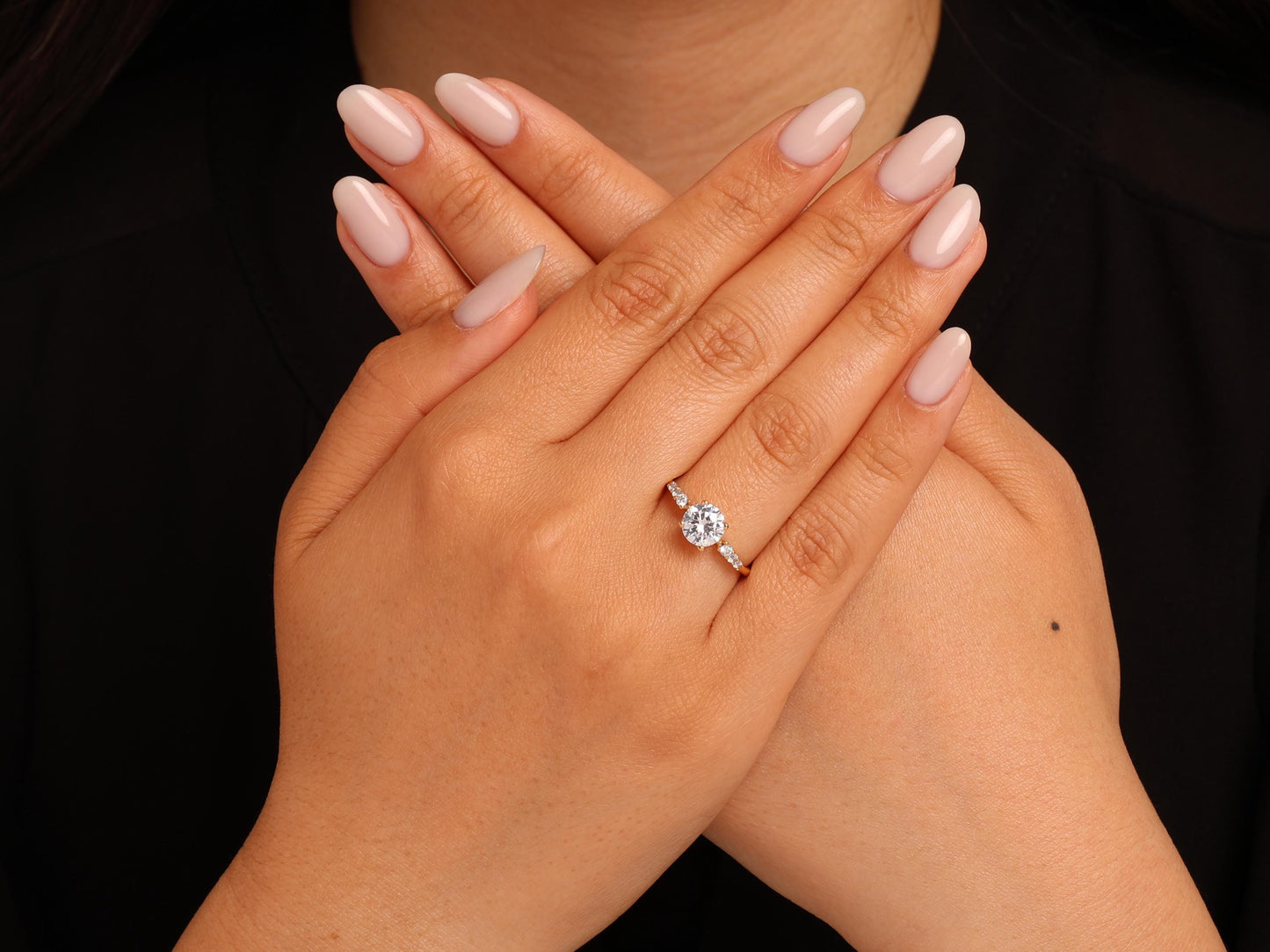14K Gold Round Diamond Ring – Elegant Bridal Lab Grown Solitaire with Side Stones, Perfect for Engagements or Meaningful Milestone Gifts