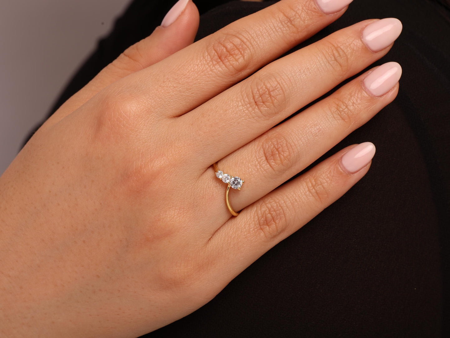 14K Gold Three Stone Diamond Ring – Dainty Solid Gold Band with Round Lab Grown Diamonds, Minimalist Stacking Ring for Women