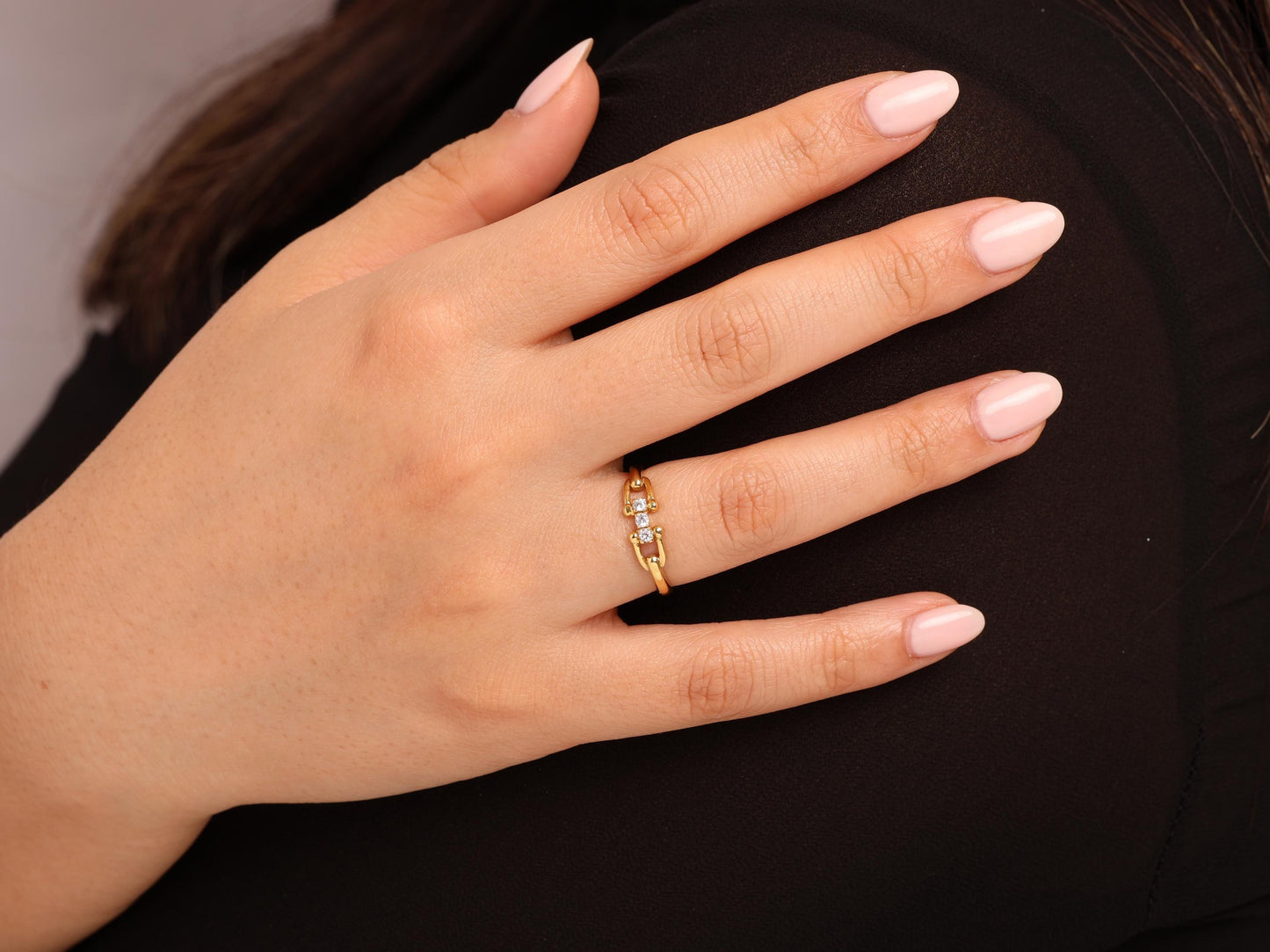 14K Gold Paperclip Ring with Lab Diamonds – Dainty Chain Link Band, Minimalist Stacking Gold Ring, Real Solid Gold Gift for Her