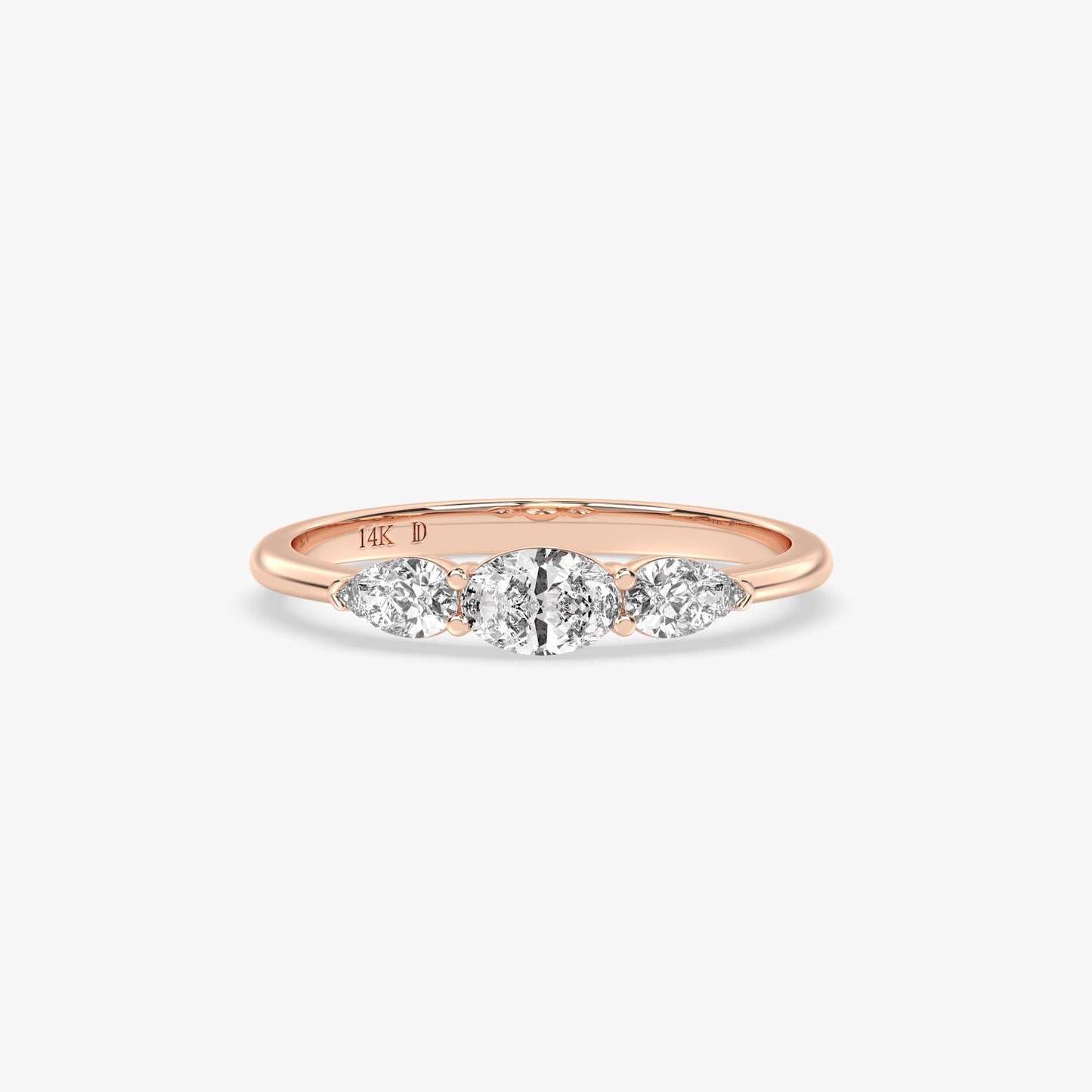 Three-Stone Diamond Ring in 14K Gold – Lab Grown Oval Center with Pear Side Stones, Minimalist Engagement or Stacking Ring, Gift for Her