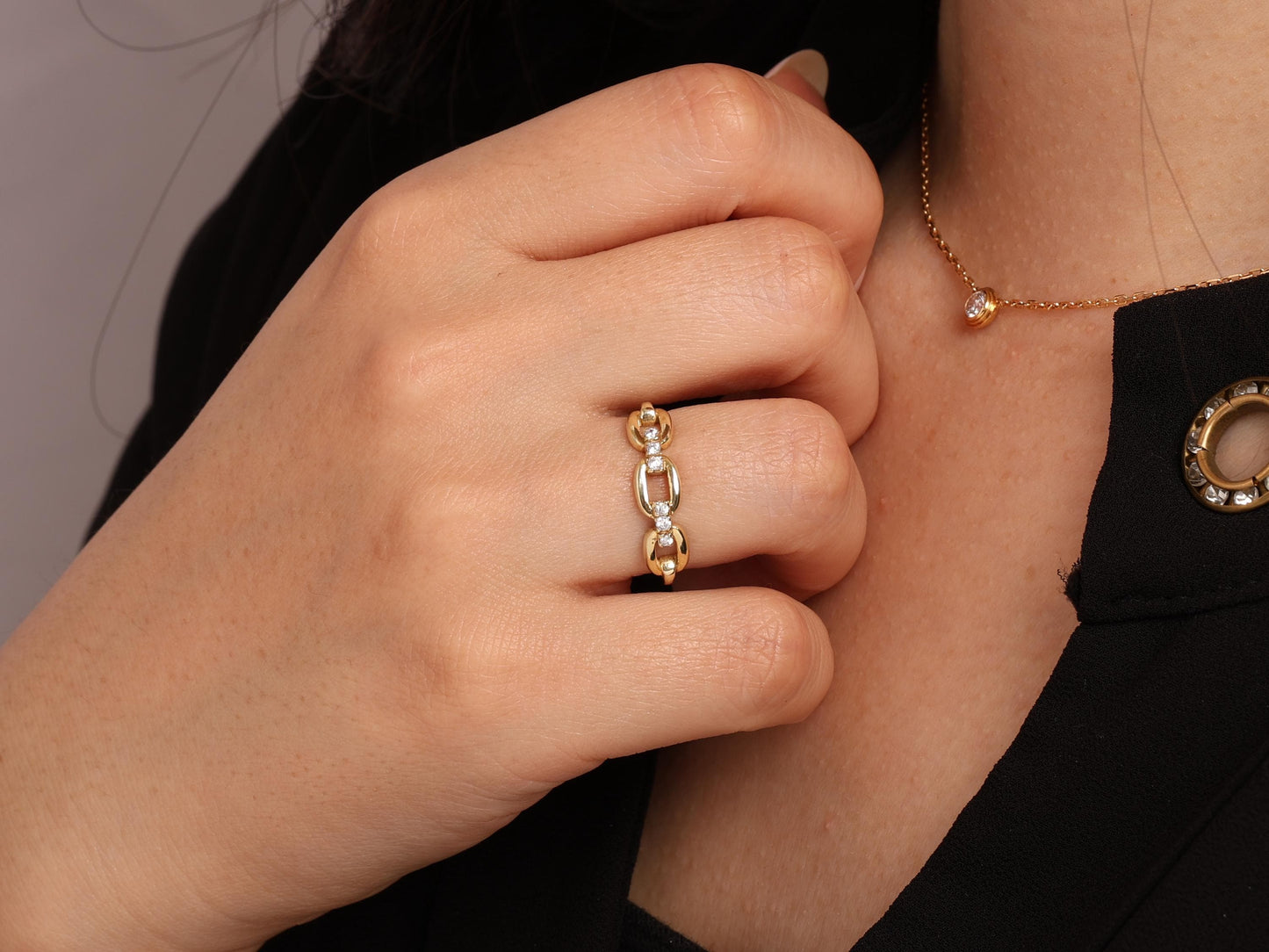 14K Solid Gold Chain Link Ring with Lab Diamonds – Minimalist Paperclip Style, Stacking Dainty Gold Ring, Elegant Gift for Women
