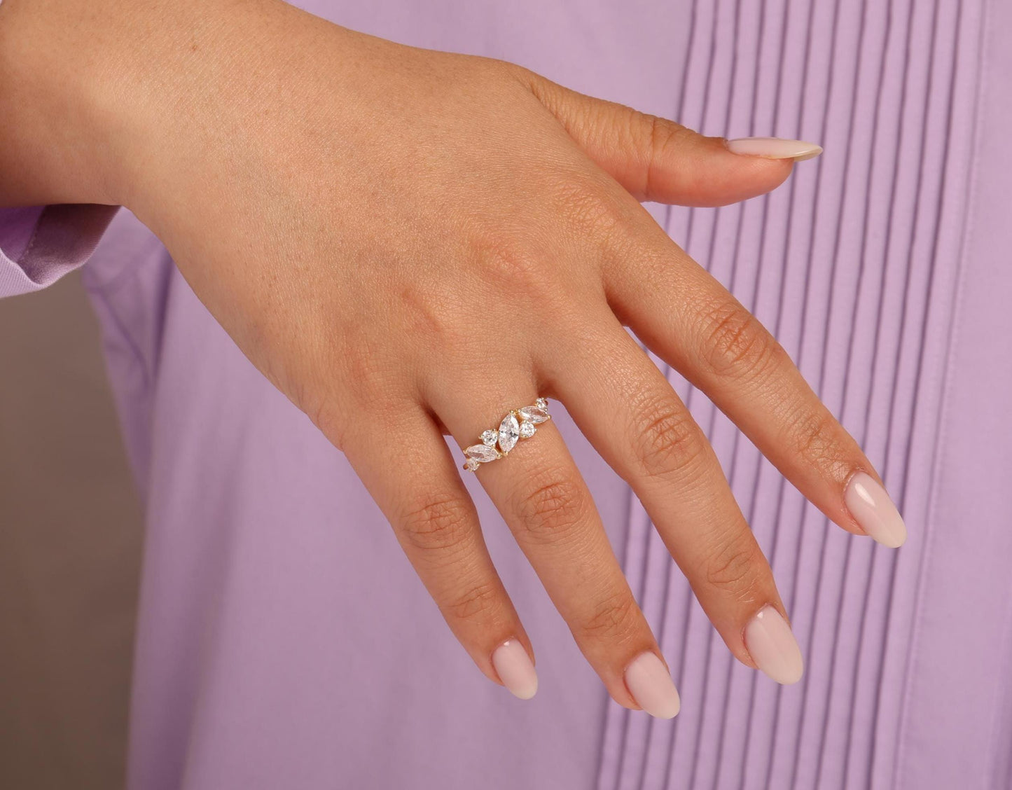 Marquise Leaf Diamond Ring in 14K Gold – Lab Grown Marquise and Round Stones, Elegant Nature-Inspired Statement Ring, Unique Gift for Her