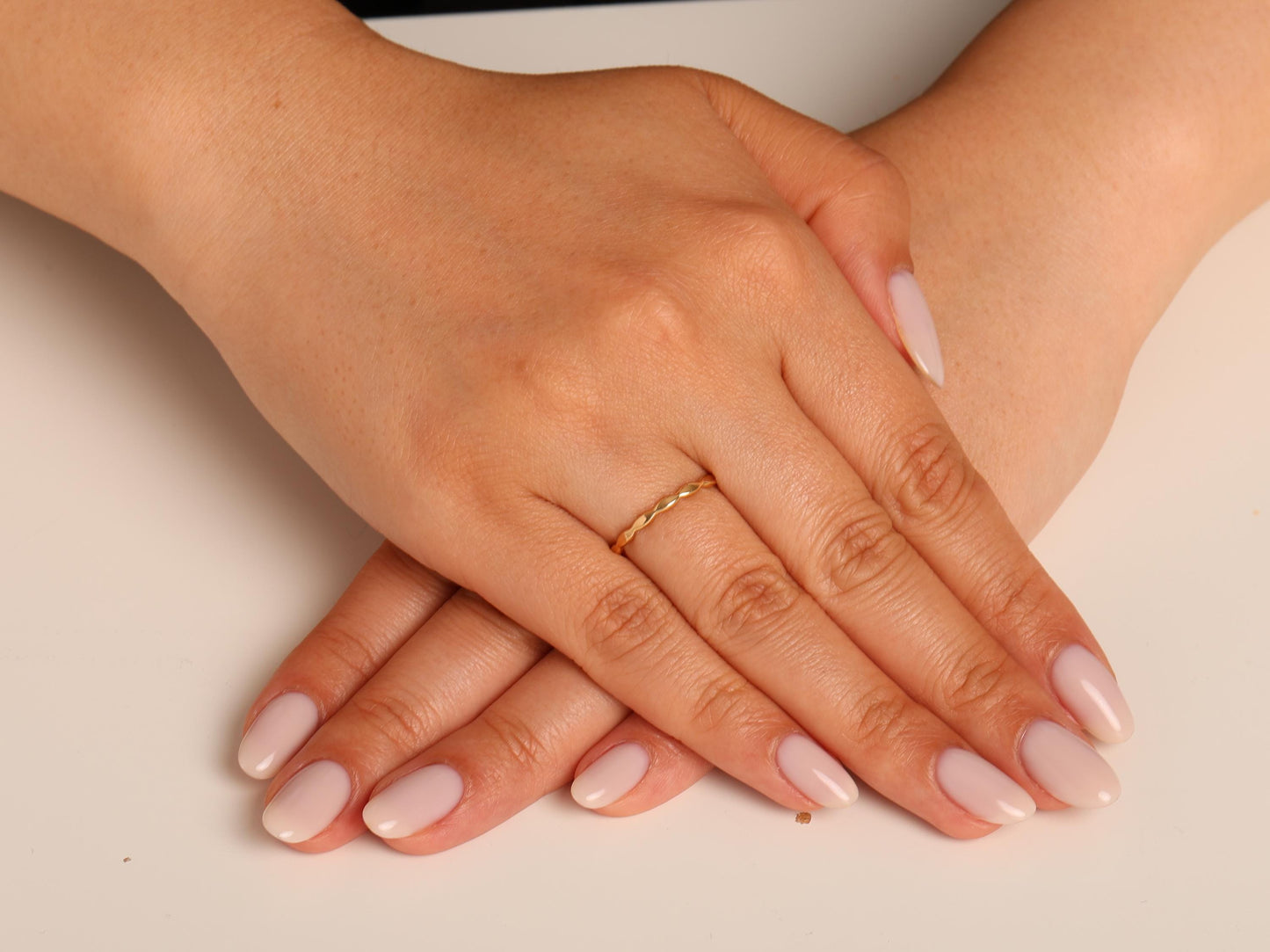 14K Gold Tiny Curved Ring – Simple Wave Band, Elegant Contour Stacking Ring in Real Gold