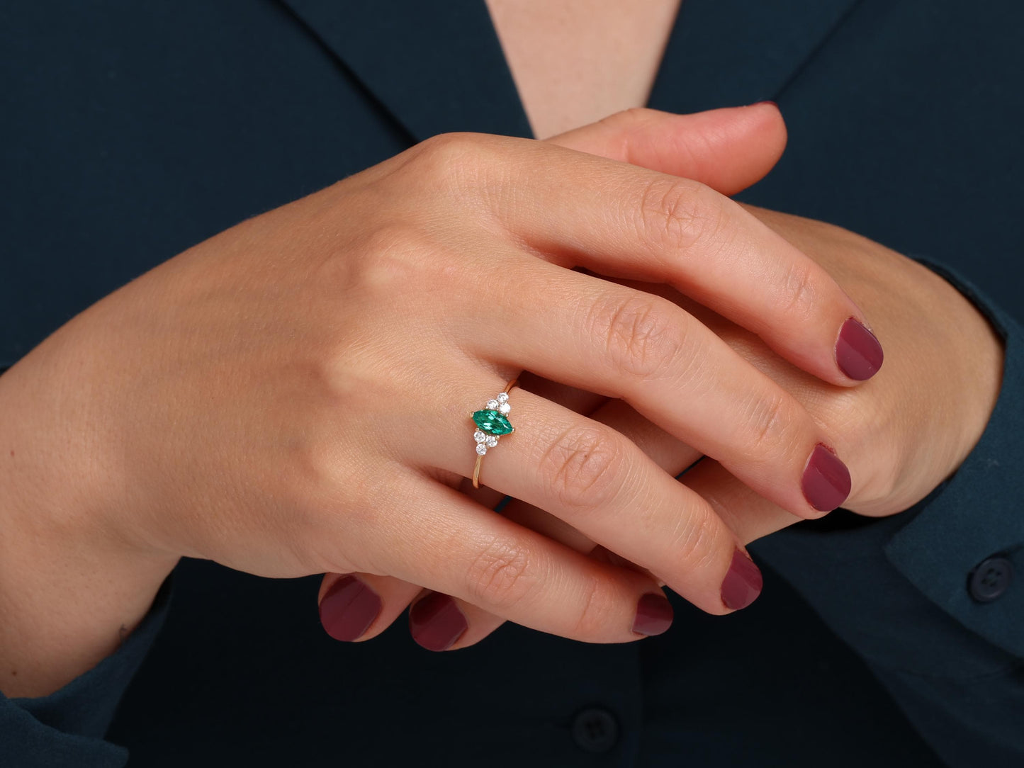 14K Marquise Emerald Ring – Dainty Diamond Accent Band for Stacking or Engagement – Elegant Gift for Her – Also in Ruby, Sapphire, Amethyst