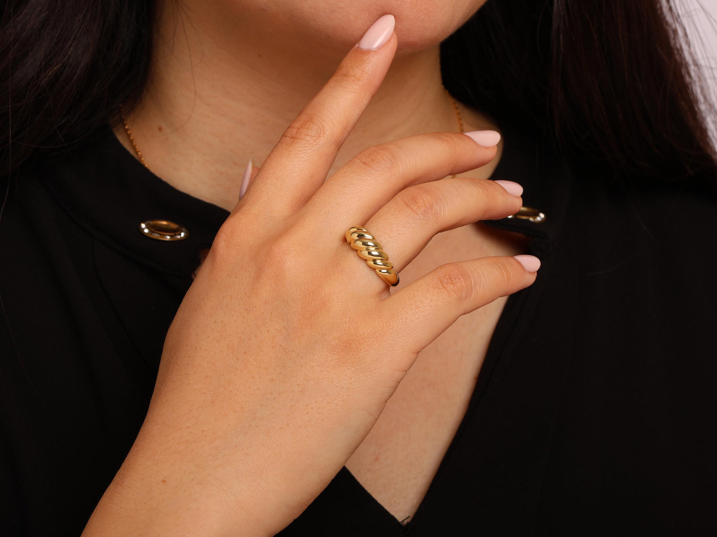 14K Gold Croissant Dome Ring, Bold Twisted Rope Band, Chunky Solid Gold Statement Ring for Women, Elegant Everyday Jewelry Gift for Her