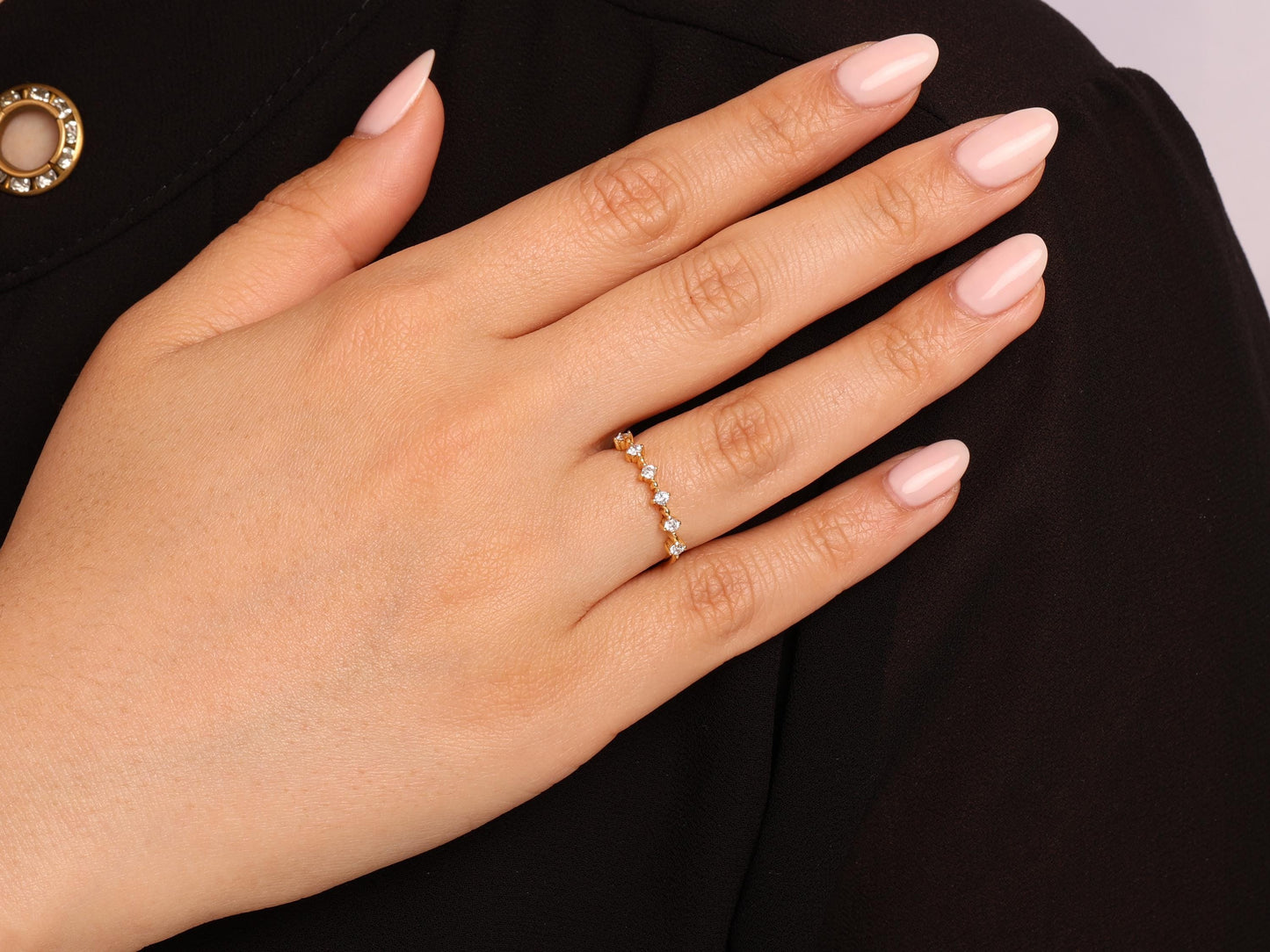 Solid 14K Gold Dainty Ring – Diamond Accent Stacking Band, Thin Minimal Gold Ring for Women, Elegant and Timeless Look
