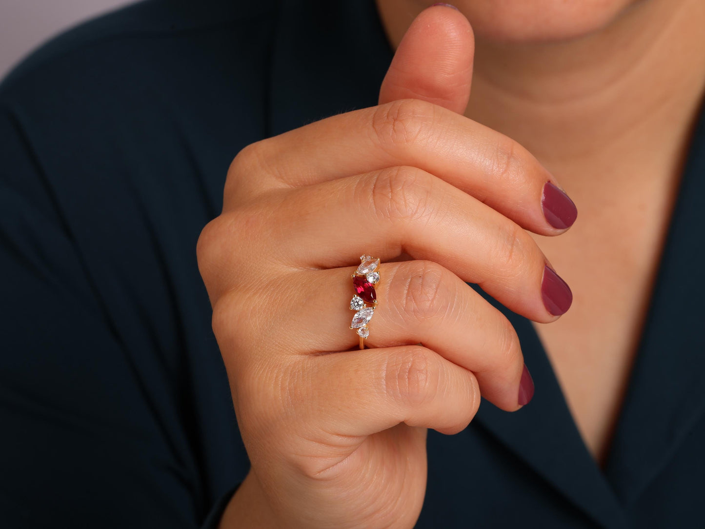 14K Gold Marquise Ruby Ring – Lab-Grown Gemstone with Diamond Accents – Dainty Stacking or Promise Ring – Emerald, Sapphire, Amethyst