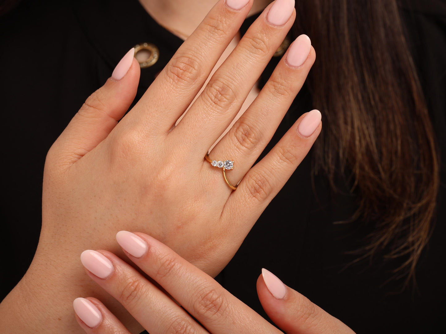 14K Gold Three Stone Diamond Ring – Dainty Solid Gold Band with Round Lab Grown Diamonds, Minimalist Stacking Ring for Women