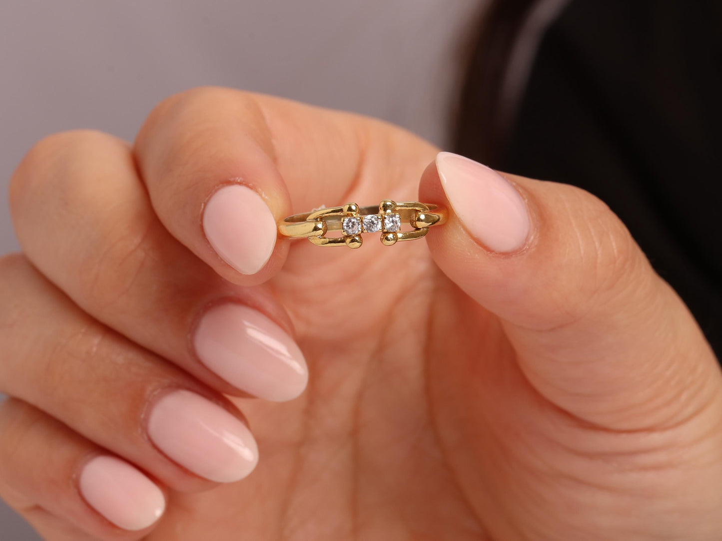 14K Gold Paperclip Ring with Lab Diamonds – Dainty Chain Link Band, Minimalist Stacking Gold Ring, Real Solid Gold Gift for Her