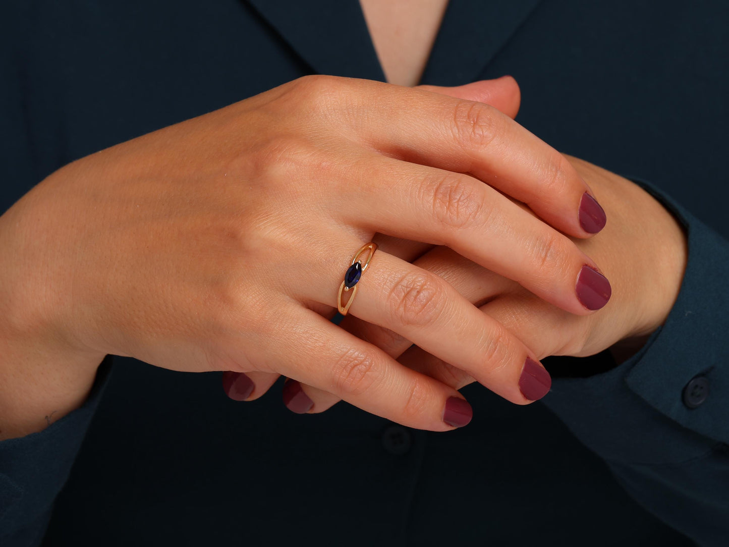 Marquise Amethyst Ring in 14K Gold – Minimalist Double Band Design – Dainty Statement Gift Ring for Her – Emerald, Ruby, Sapphire