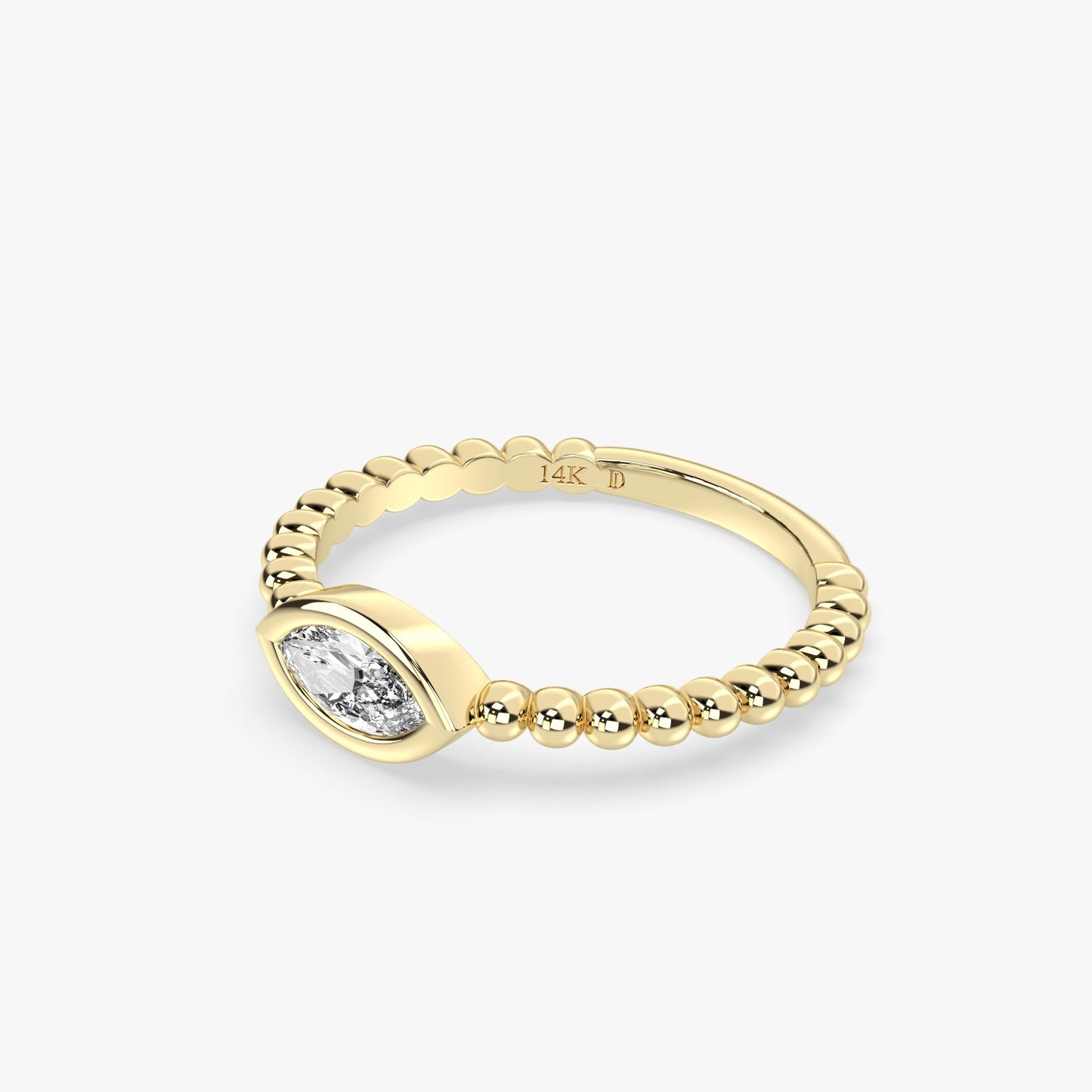 Beaded Marquise Diamond Ring in 14K Gold – Lab Grown Bezel Set Stone, Dainty Eye Ring with Textured Band, Minimalist Stacking Gift Jewellery