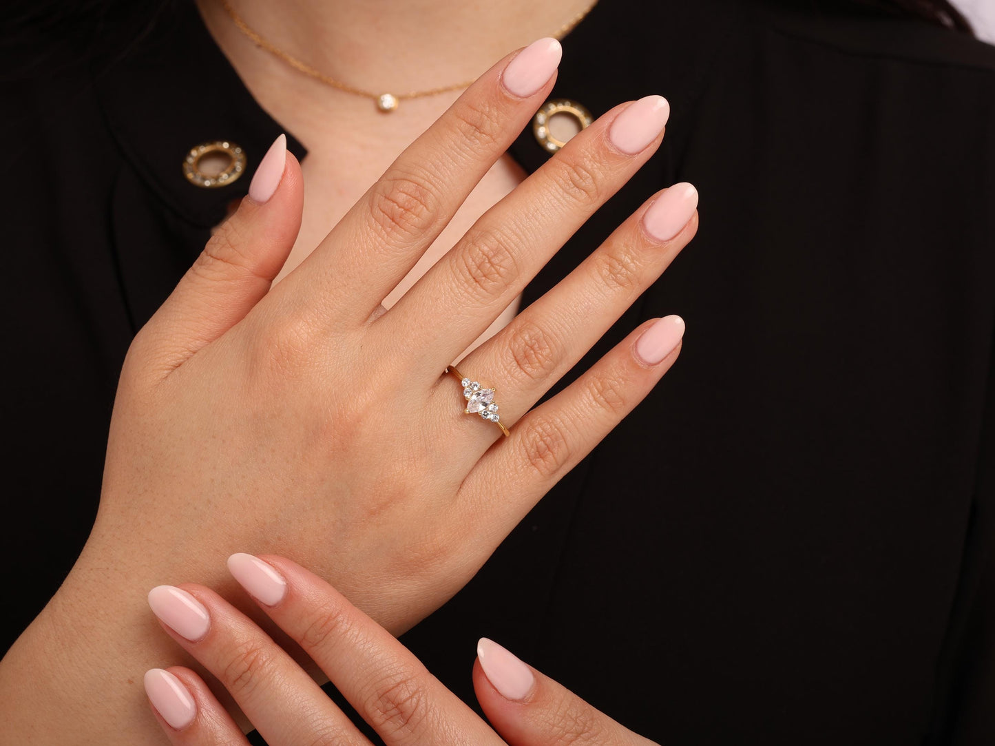 Marquise Cluster Ring in 14K Gold – Lab Grown Marquise and Round Diamonds, Dainty Engagement or Stacking Ring, Elegant Gift for Her