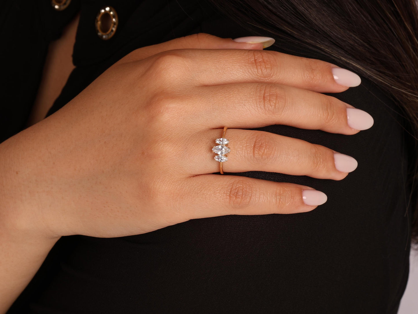 14K Gold Marquise Trio Ring – Minimal Three-Stone Solid Gold Band with 3 Lab-Grown Diamonds, Elegant Handmade Statement Design, Gift for Her