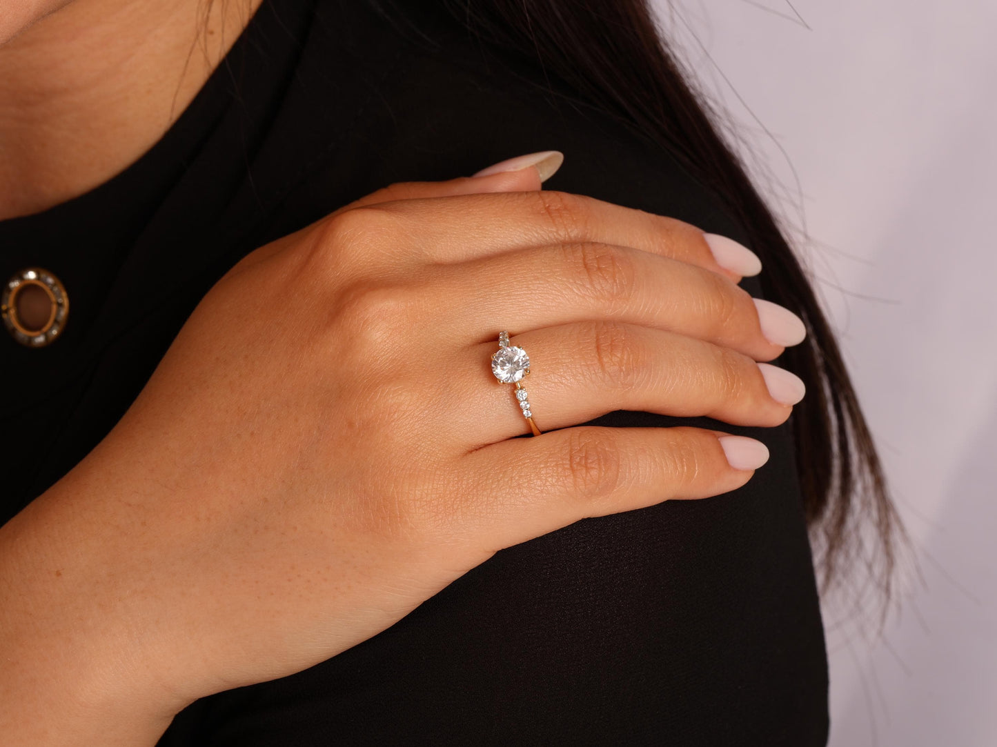 14K Gold Round Diamond Ring – Elegant Bridal Lab Grown Solitaire with Side Stones, Perfect for Engagements or Meaningful Milestone Gifts
