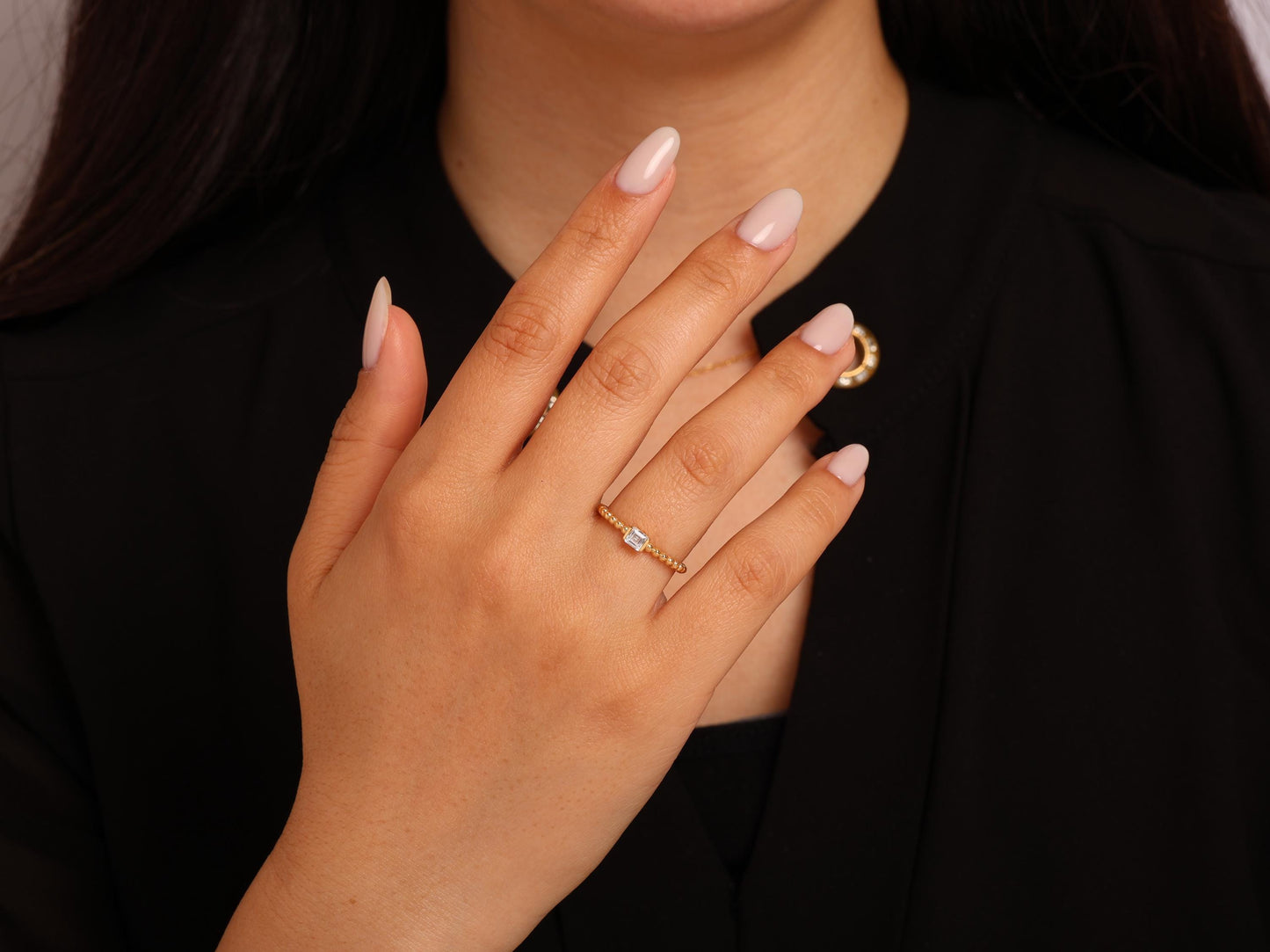 14K Gold Princess Cut Beaded Ring – Modern Minimal Band with Square Lab Diamond in Bezel Setting, Stylish Solid Gold Stacking Piece