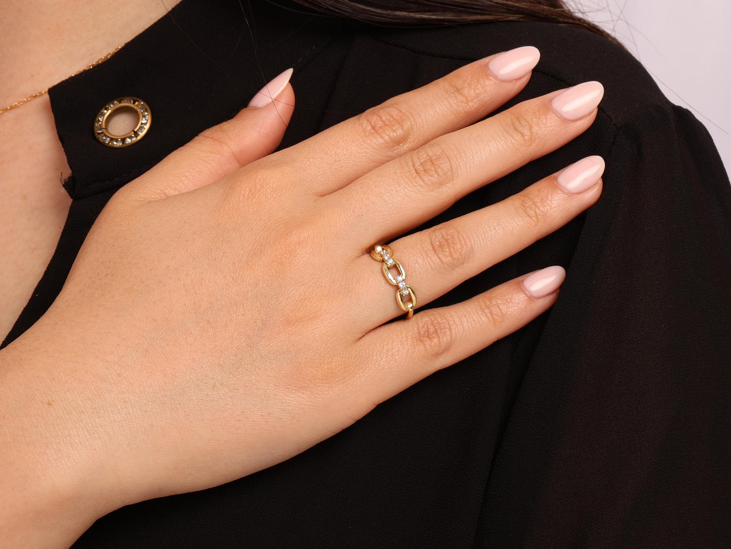 14K Solid Gold Chain Link Ring with Lab Diamonds – Minimalist Paperclip Style, Stacking Dainty Gold Ring, Elegant Gift for Women