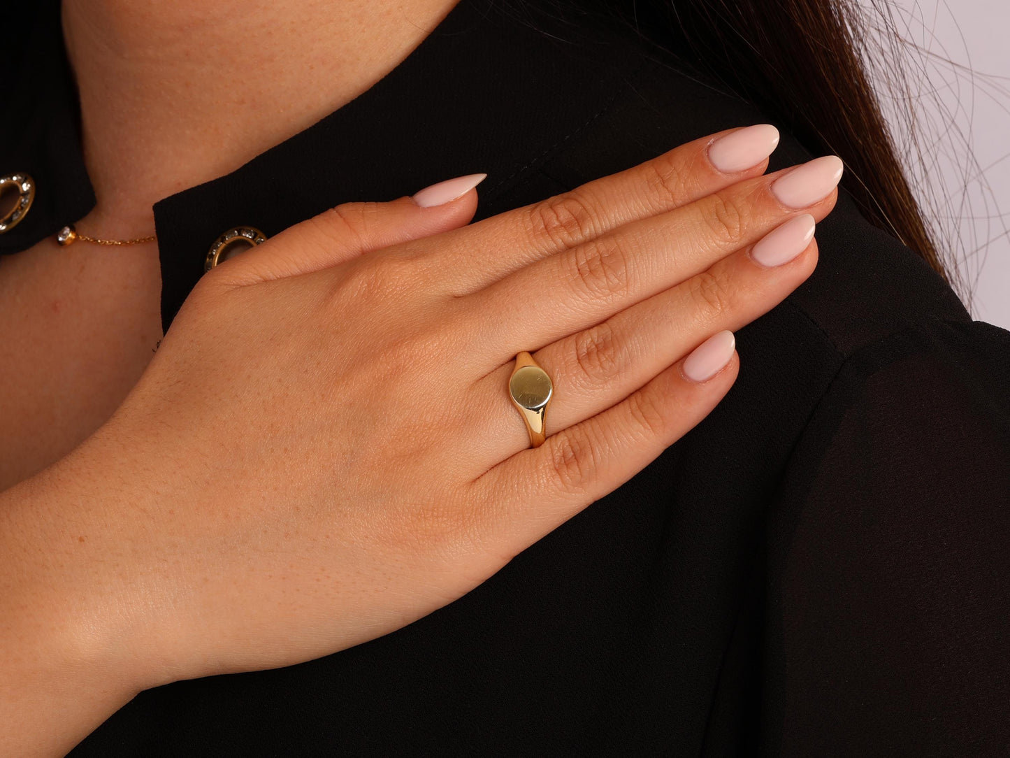 14K Solid Gold Oval Signet Ring – Minimalist Pinky Ring for Women, Dainty Engravable Gold Band
