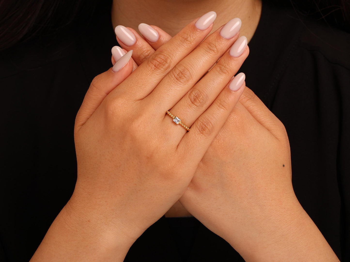 14K Gold Princess Cut Beaded Ring – Modern Minimal Band with Square Lab Diamond in Bezel Setting, Stylish Solid Gold Stacking Piece