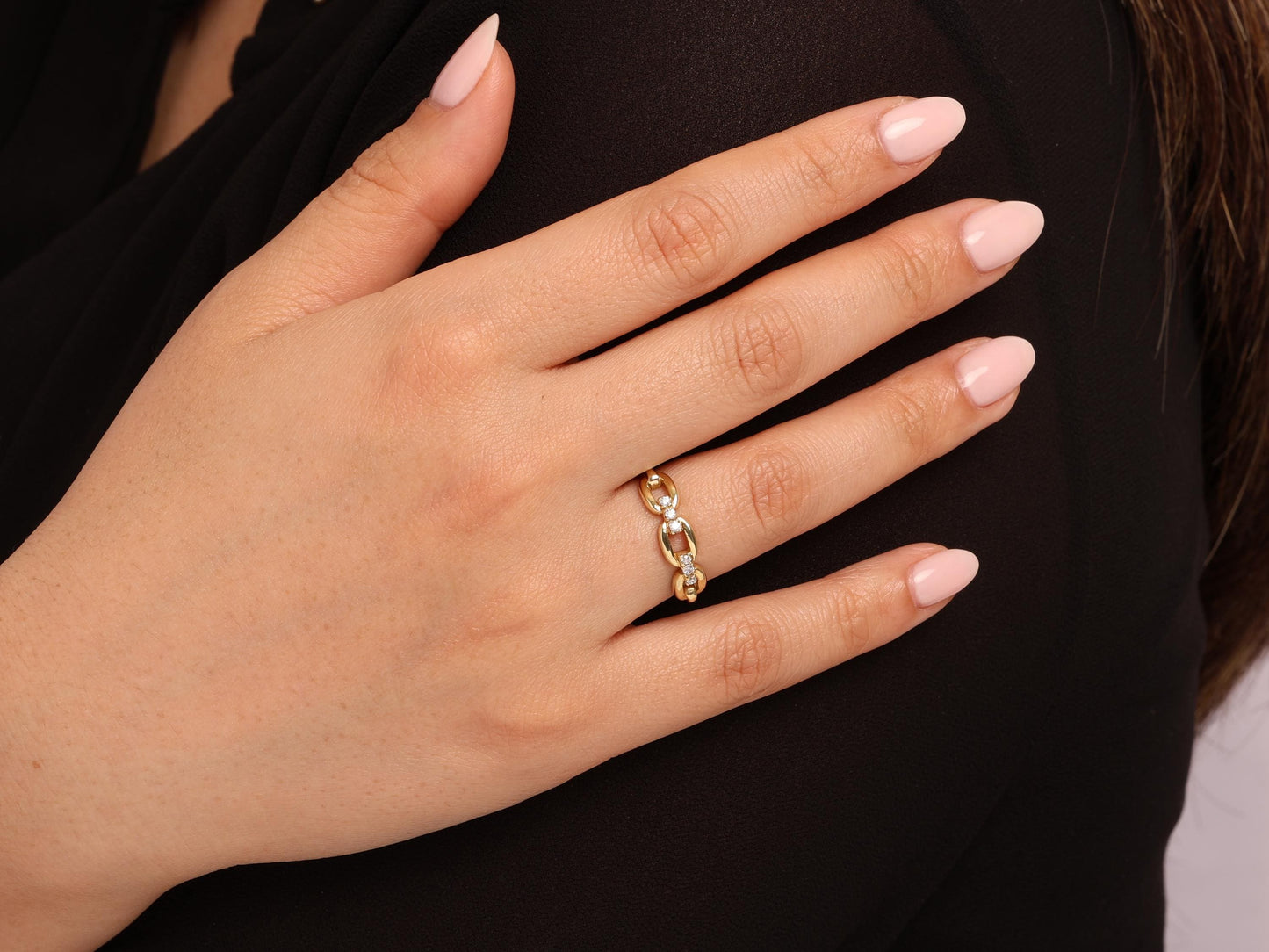 14K Solid Gold Chain Link Ring with Lab Diamonds – Minimalist Paperclip Style, Stacking Dainty Gold Ring, Elegant Gift for Women
