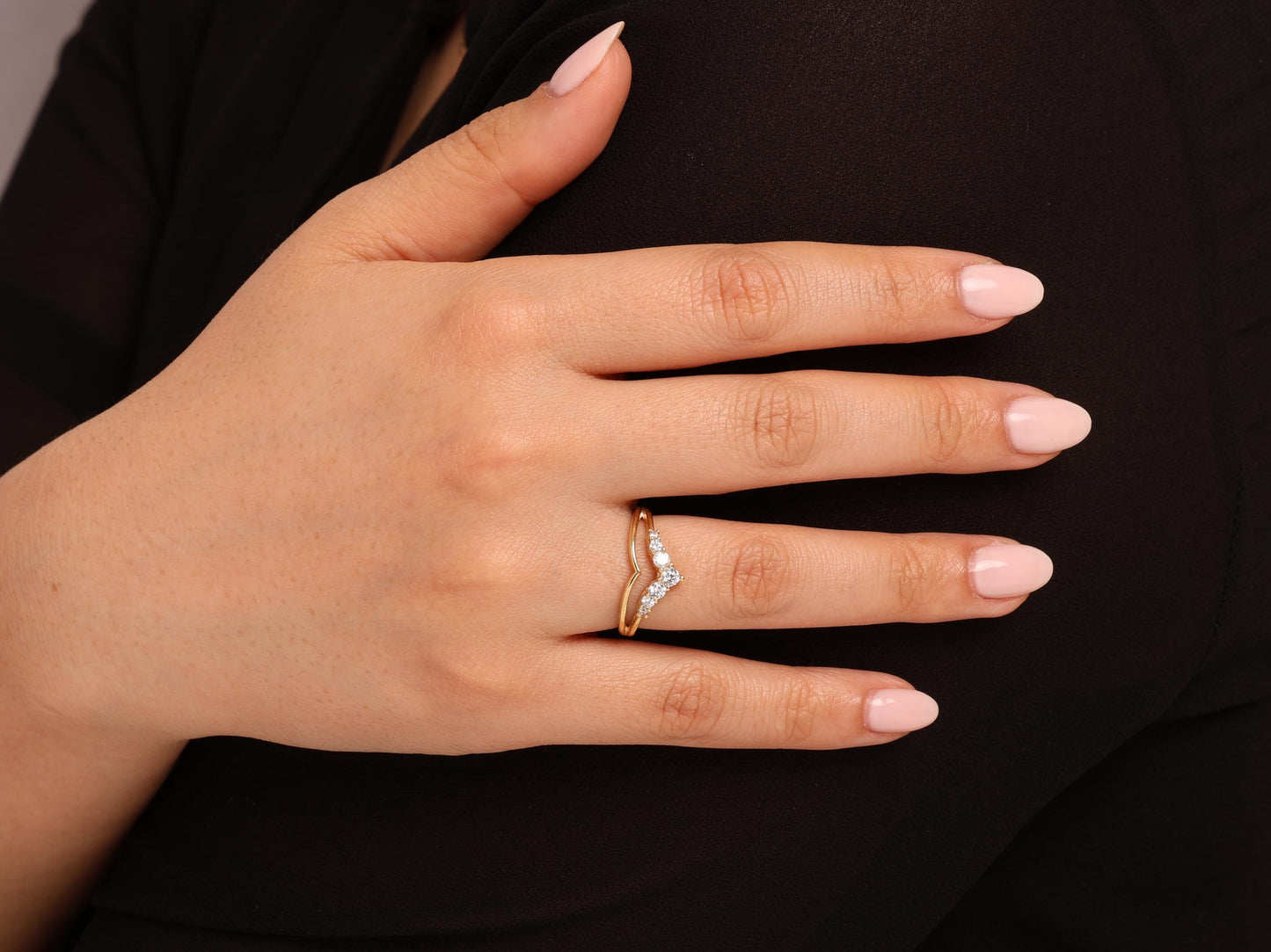 14K Gold Chevron Diamond Ring – Elegant V Band with Lab Grown Diamonds, Minimalist Wedding or Promise Ring, Gift for Her