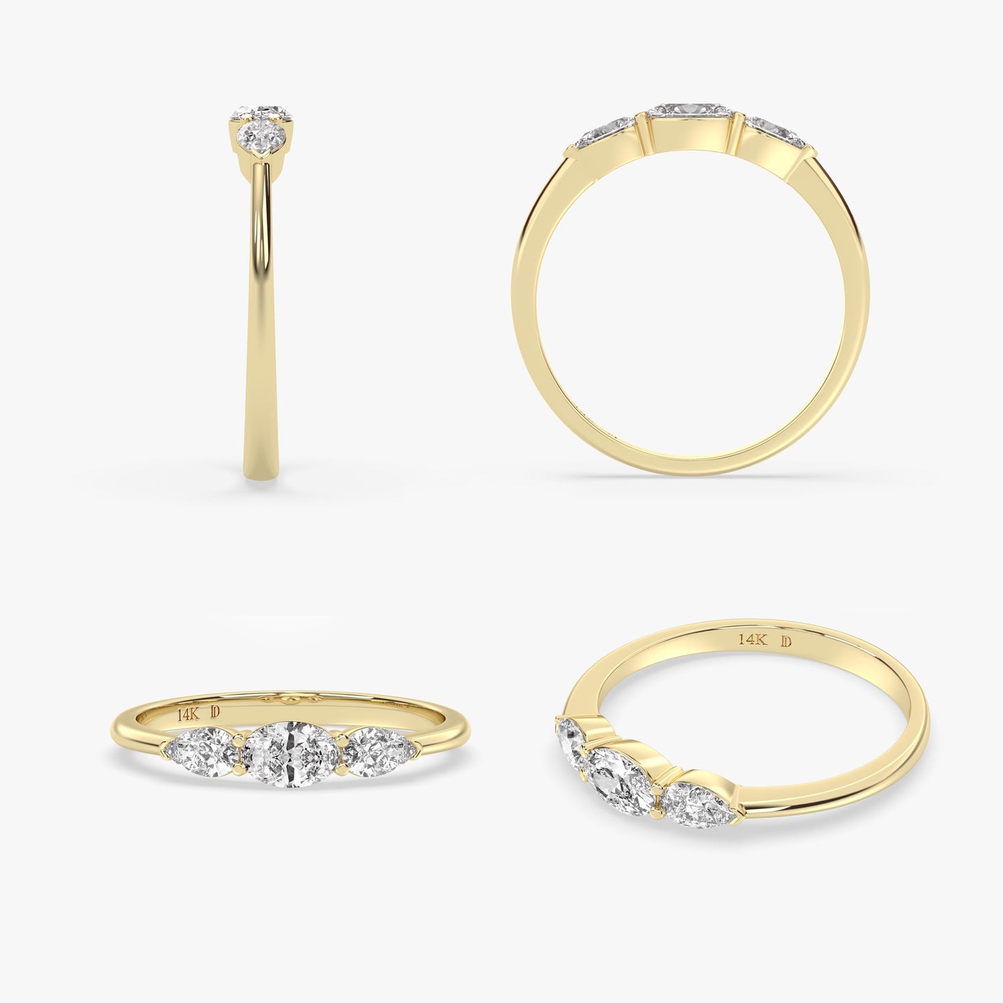 Three-Stone Diamond Ring in 14K Gold – Lab Grown Oval Center with Pear Side Stones, Minimalist Engagement or Stacking Ring, Gift for Her