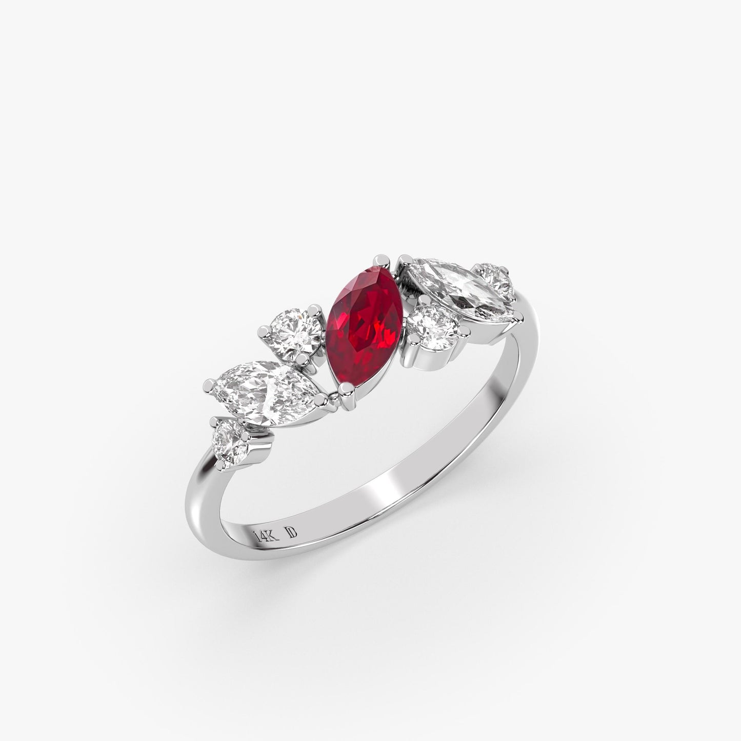 14K Gold Marquise Ruby Ring – Lab-Grown Gemstone with Diamond Accents – Dainty Stacking or Promise Ring – Emerald, Sapphire, Amethyst