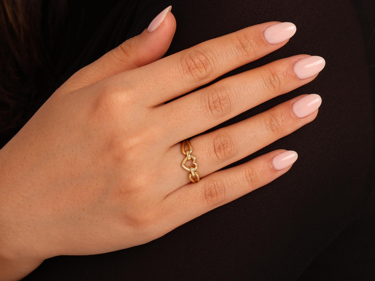 Real 14K Gold Heart Chain Ring – Dainty Linked Band for Women, Minimalist Dainty Chain Style Gold Band for Everyday or Anniversary Gift