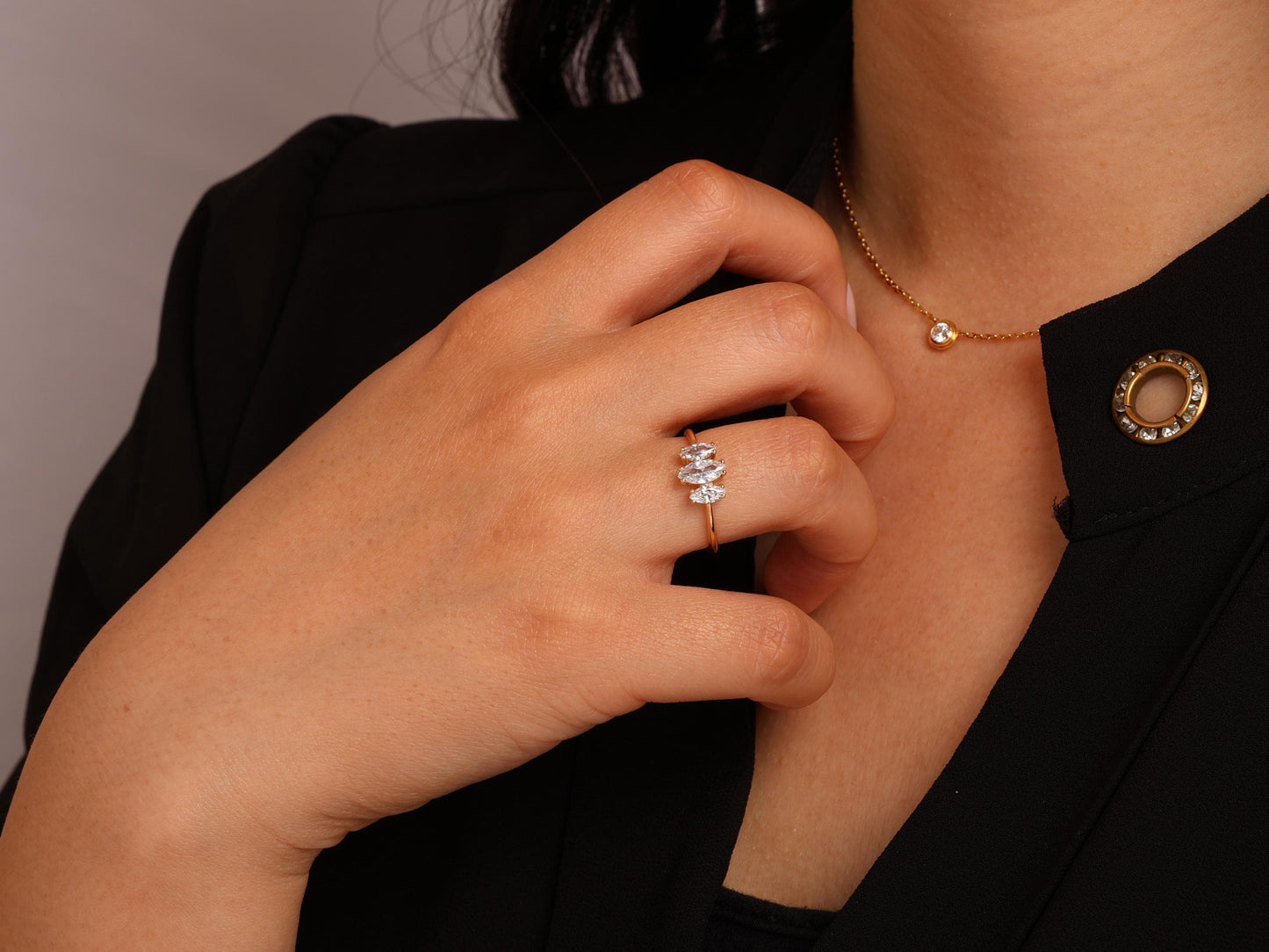 14K Gold Marquise Trio Ring – Minimal Three-Stone Solid Gold Band with 3 Lab-Grown Diamonds, Elegant Handmade Statement Design, Gift for Her