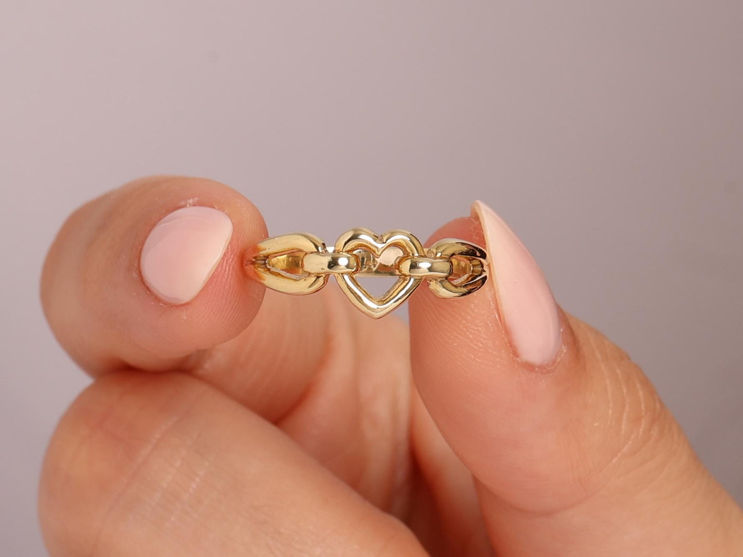 Real 14K Gold Heart Chain Ring – Dainty Linked Band for Women, Minimalist Dainty Chain Style Gold Band for Everyday or Anniversary Gift