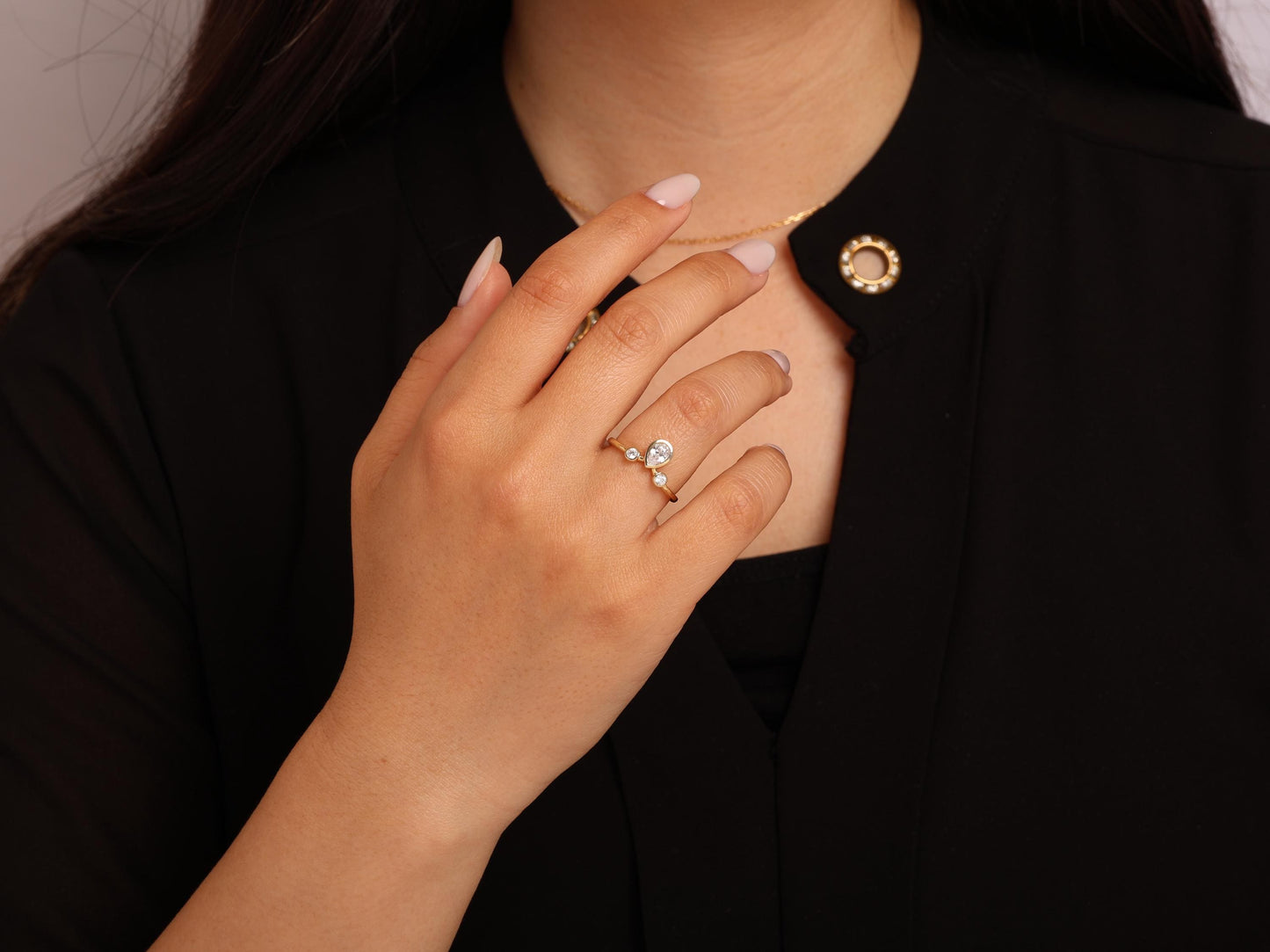 14K Gold Teardrop Diamond Ring – Dainty Pear and Round Trio Design, Solid Gold Elegant Band, Minimal Fine Jewelry Gift, Gift for Her