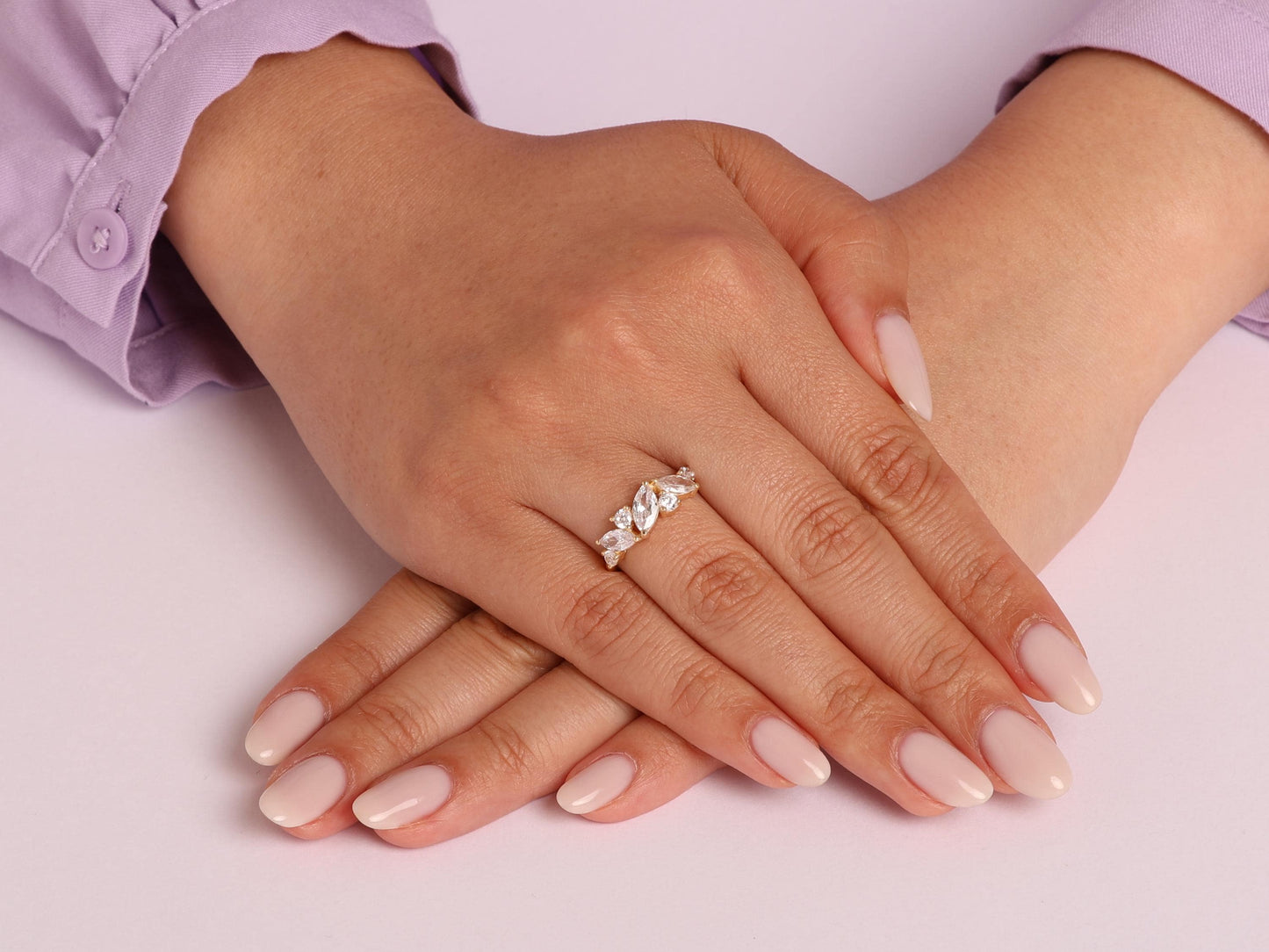 Marquise Leaf Diamond Ring in 14K Gold – Lab Grown Marquise and Round Stones, Elegant Nature-Inspired Statement Ring, Unique Gift for Her