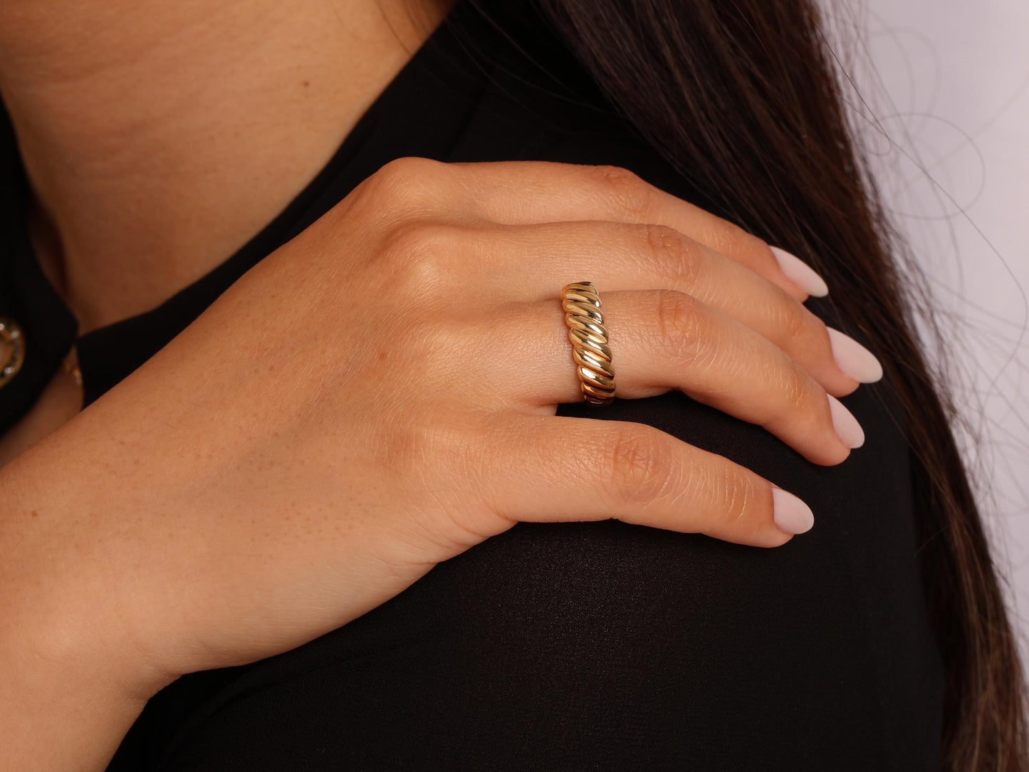 14K Gold Bold Twisted Rope Band, Croissant Dome Ring, Chunky Solid Gold Statement Ring for Women, Elegant Everyday Jewellery Gift for Her