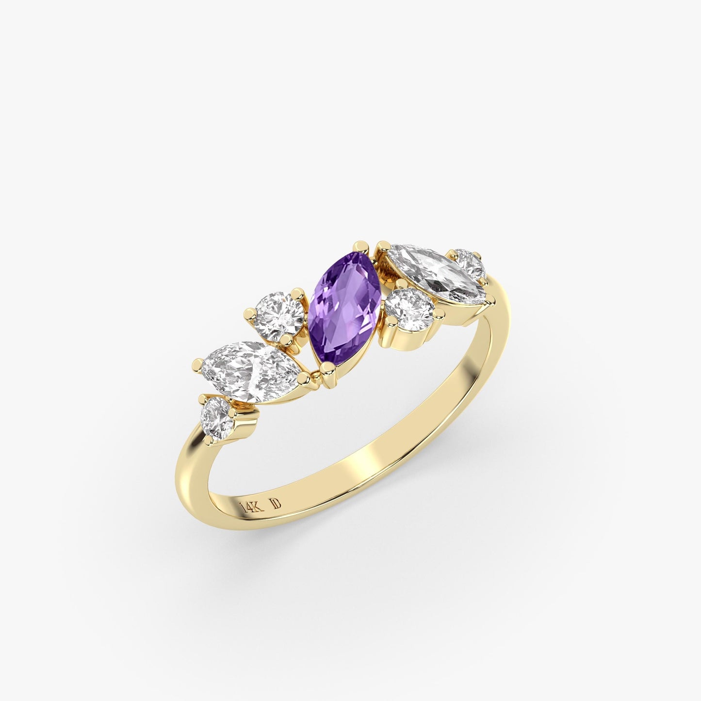 14K Gold Marquise Ruby Ring – Lab-Grown Gemstone with Diamond Accents – Dainty Stacking or Promise Ring – Emerald, Sapphire, Amethyst
