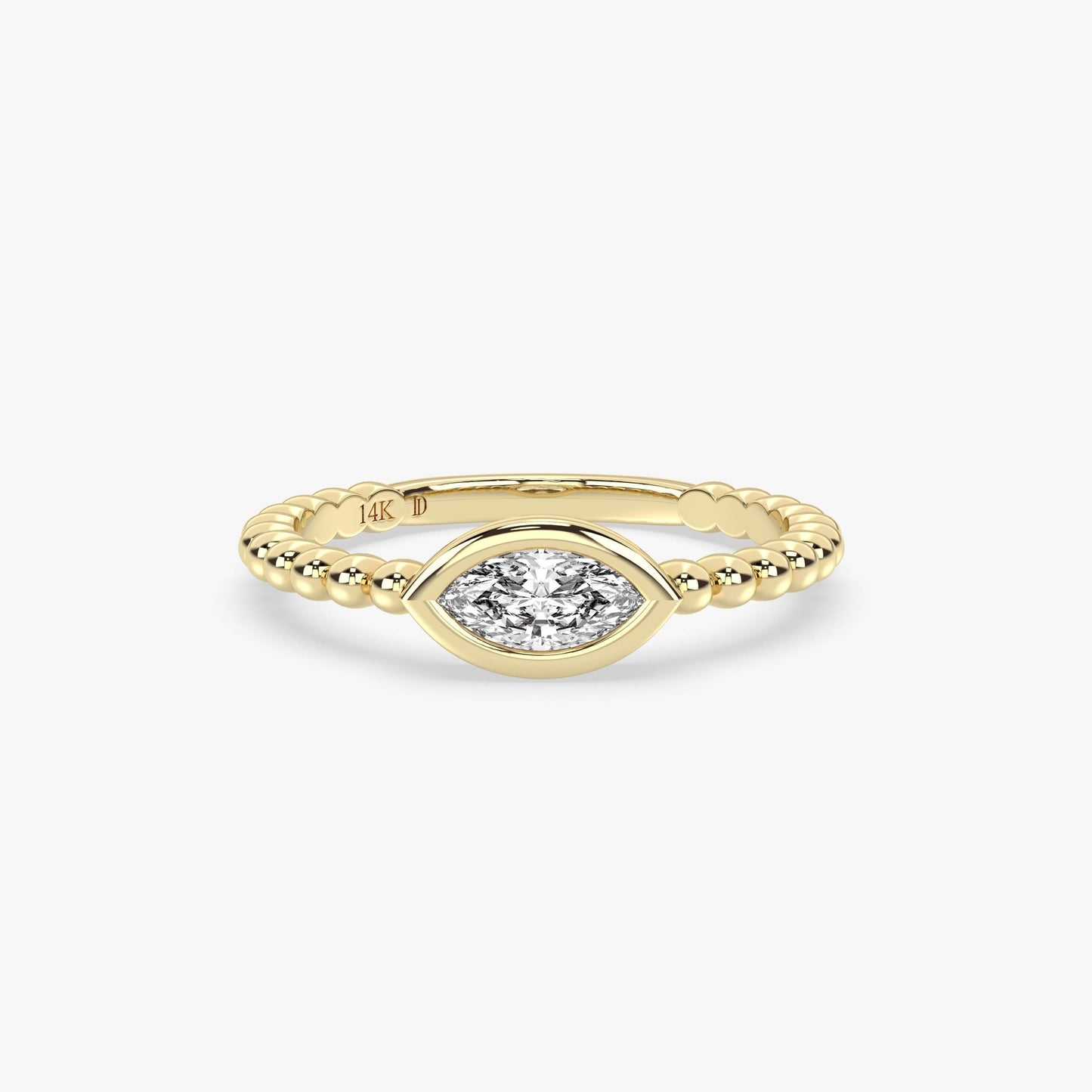 Beaded Marquise Diamond Ring in 14K Gold – Lab Grown Bezel Set Stone, Dainty Eye Ring with Textured Band, Minimalist Stacking Gift Jewellery