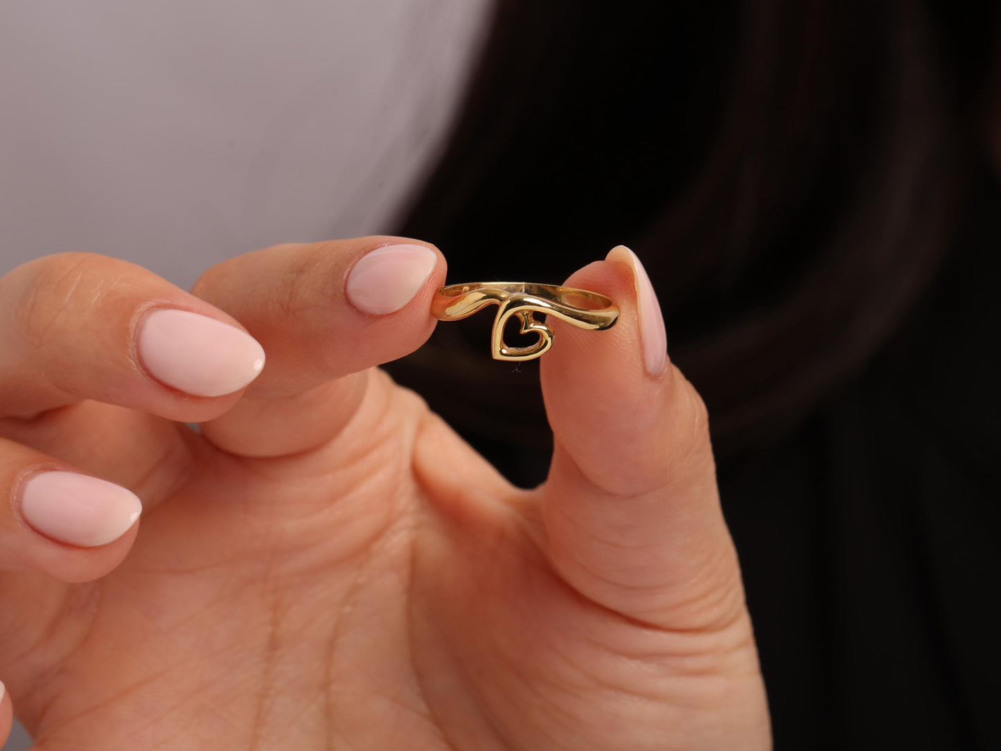 Solid 14K Gold Heart Shape Ring, Minimalist Gold Band for Women, Delicate Dainty Love Ring for Everyday Wear or Gift